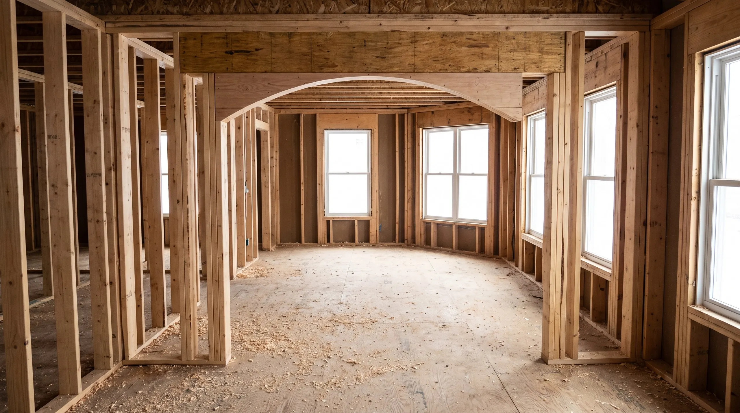 Home remodeling contractor Manchester Maine: framed wide opening between two rooms with a header on stacked studs and bright windows beyond