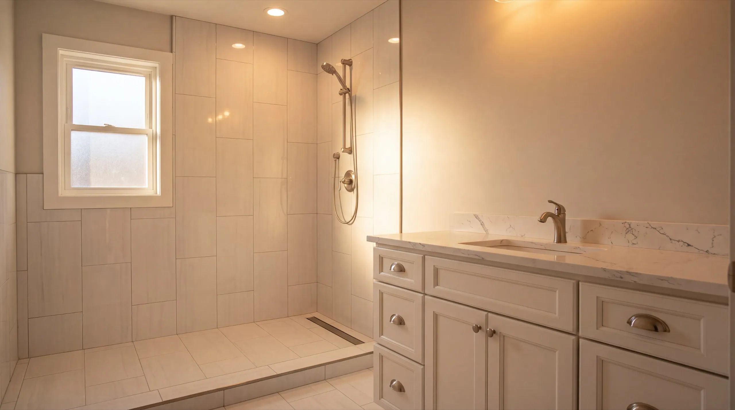 Remodeling Monmouth Maine: bathroom with an open tiled walk-in shower, linear drain and a white vanity