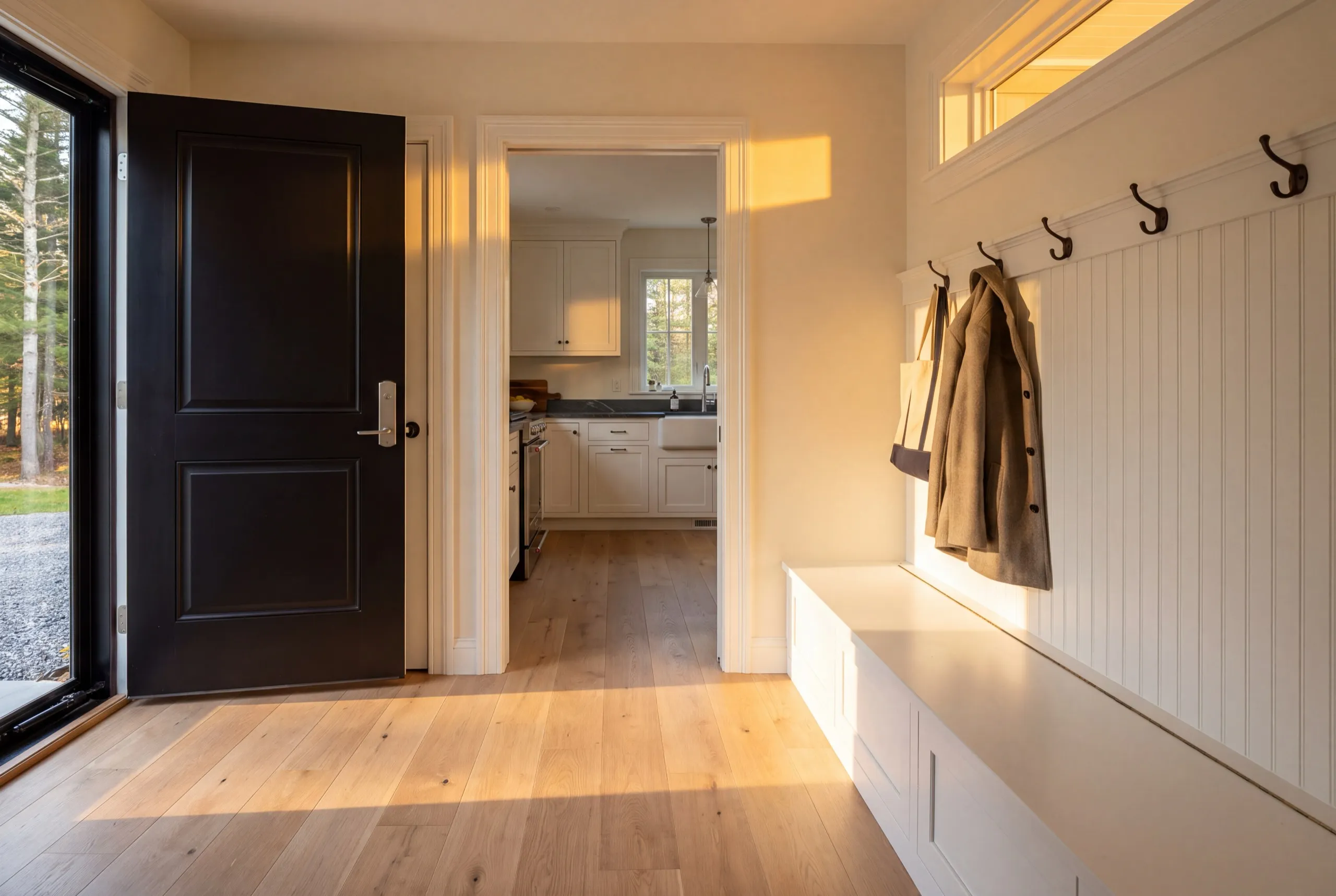 Remodeling Monmouth Maine: entry mudroom with a bench, coat hooks and beadboard opening into a kitchen