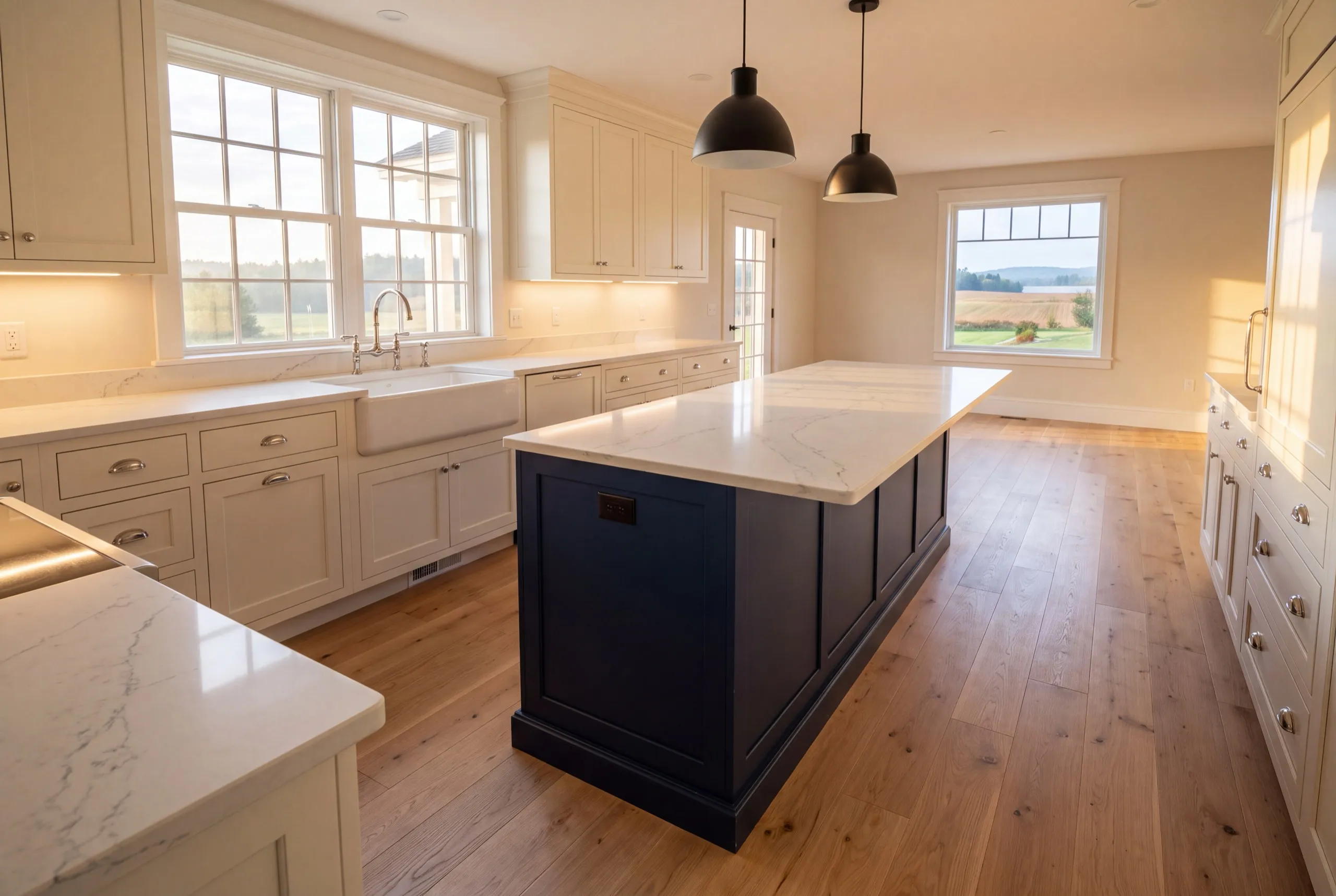 Home remodeling contractor Monmouth Maine: kitchen with a navy island, white cabinets, apron sink and wide plank floor