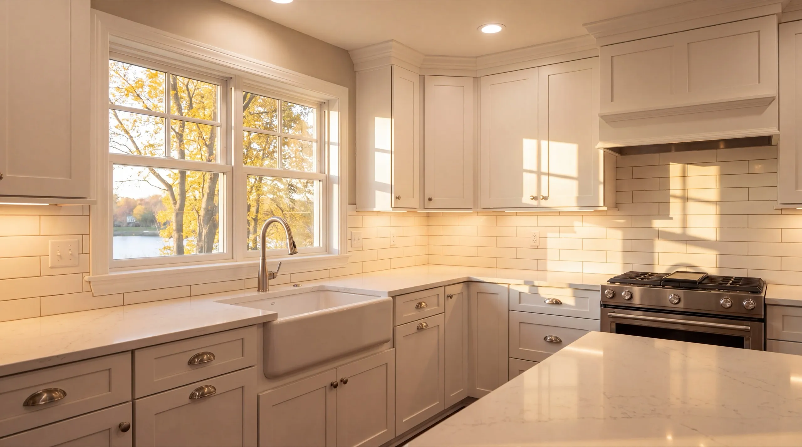 Remodeling Monmouth Maine: white kitchen with an apron sink under a window, quartz counters and a range