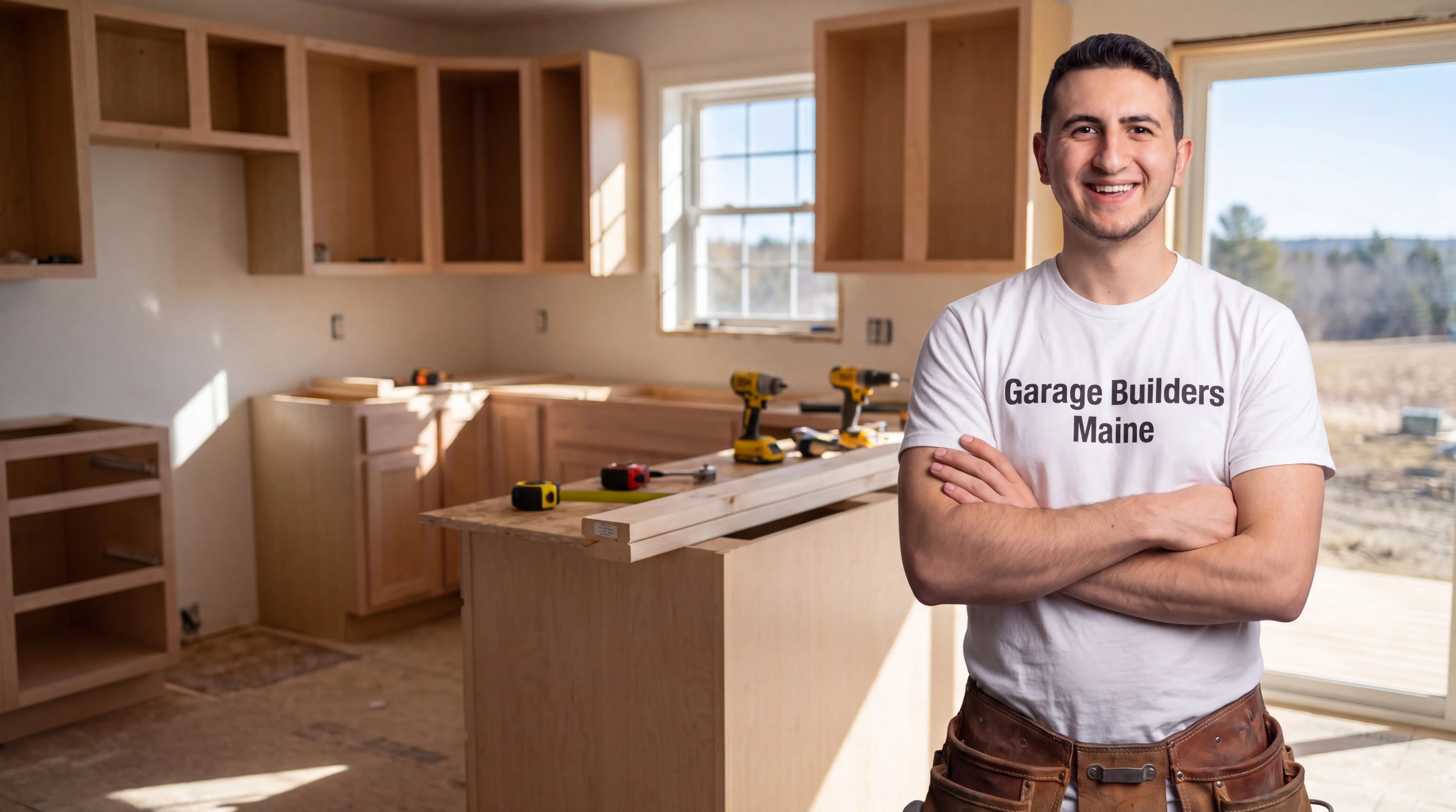 Owner of Garage Builders Maine standing with his arms crossed and smiling at a Maine job site