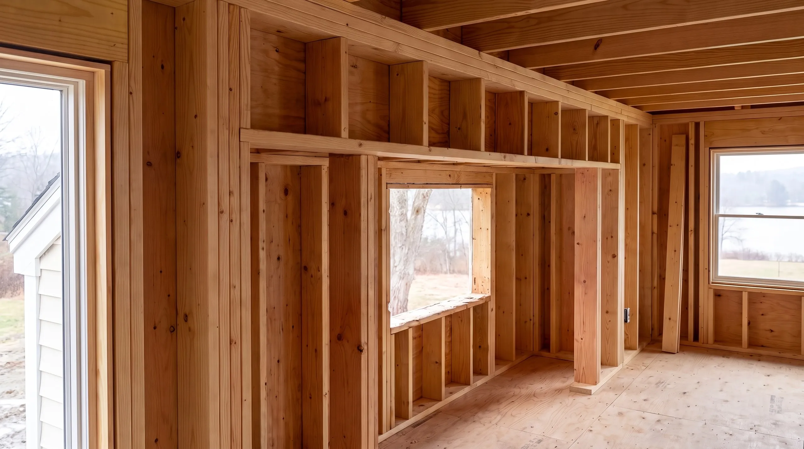 Home remodeling contractor Monmouth Maine: open wall framing with cripples over a long header and a window opening, water view at right