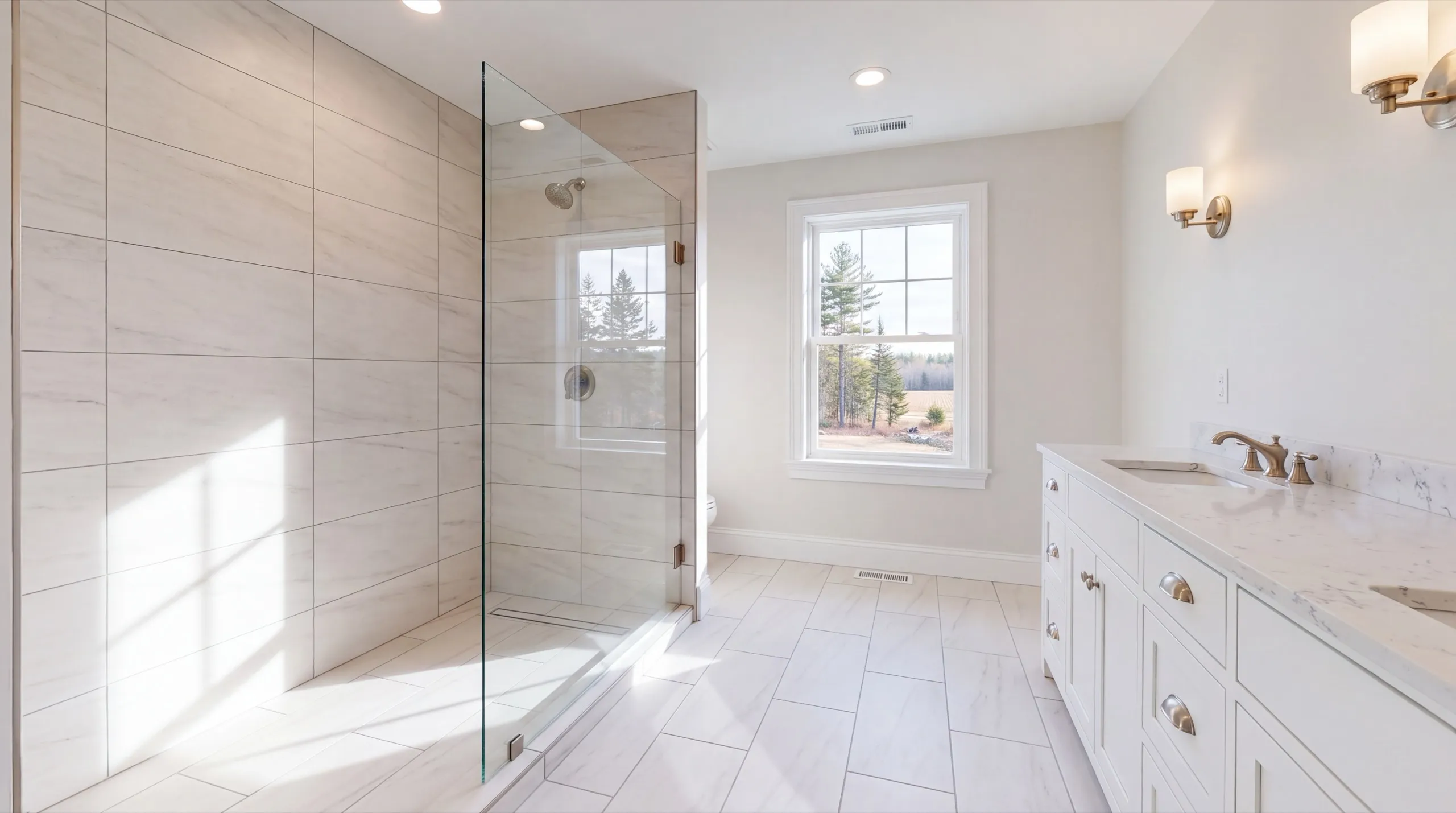 Remodeling Pittston Maine: bathroom with a tiled walk-in shower behind a glass panel and a long vanity