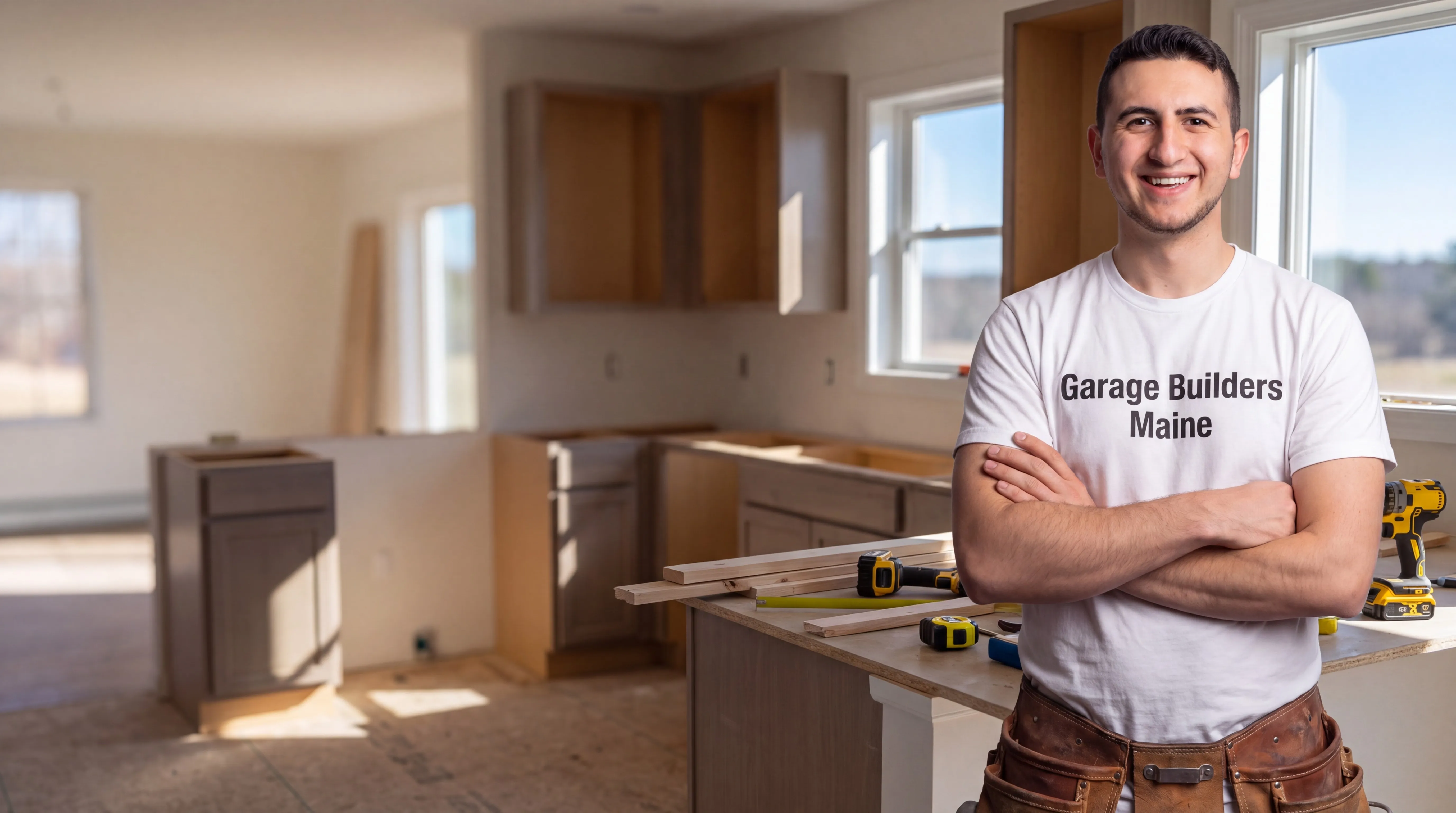 Owner of Garage Builders Maine standing with his arms crossed and smiling at a Maine job site