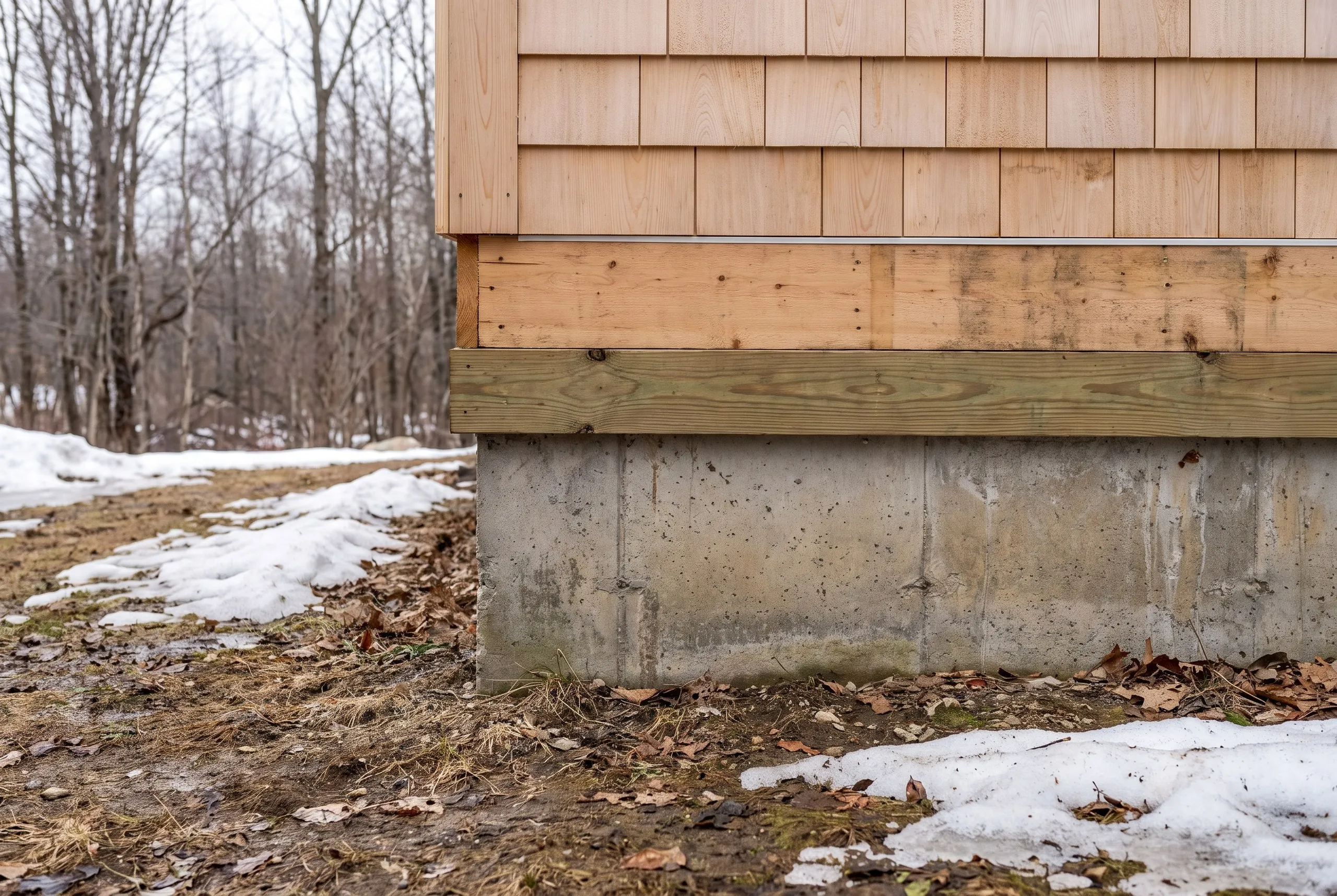 Home remodeling contractor Pittston Maine: new pressure-treated sill on a concrete foundation under the rim board and cedar shingle wall