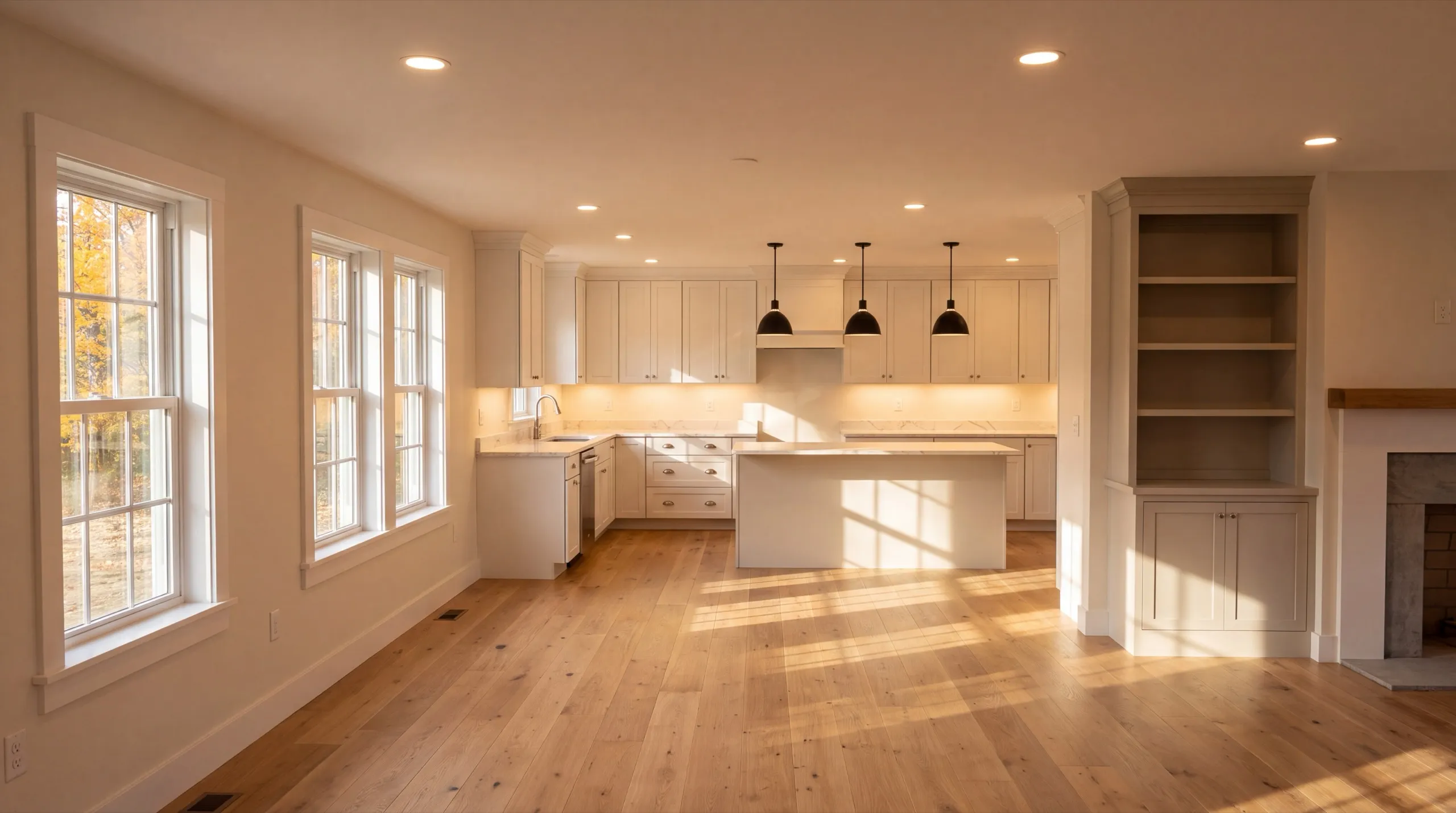 Remodeling in Randolph, ME: finished open kitchen with an island, black pendants and built-in shelves