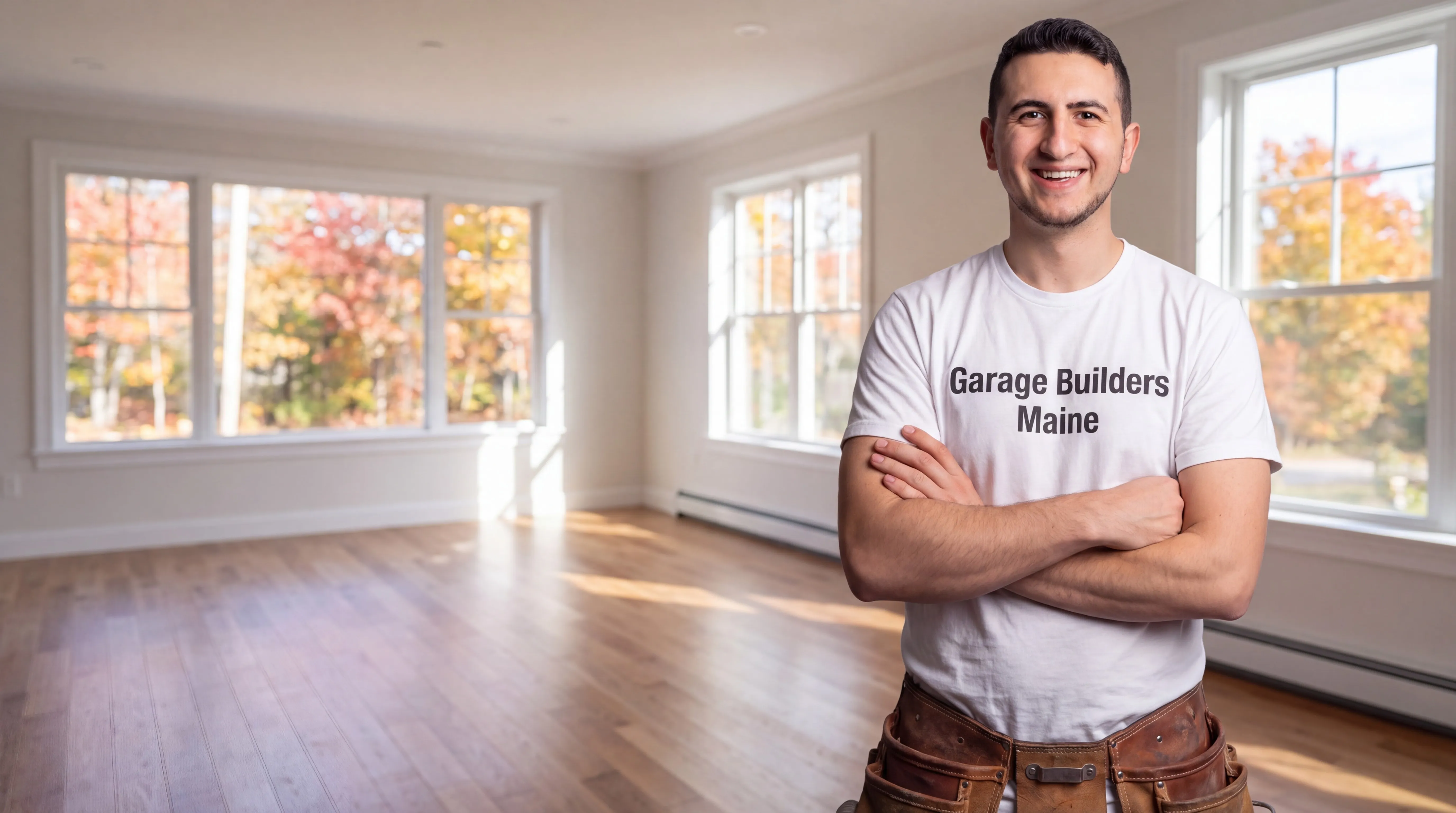 Owner of Garage Builders Maine standing with his arms crossed and smiling at a Maine job site