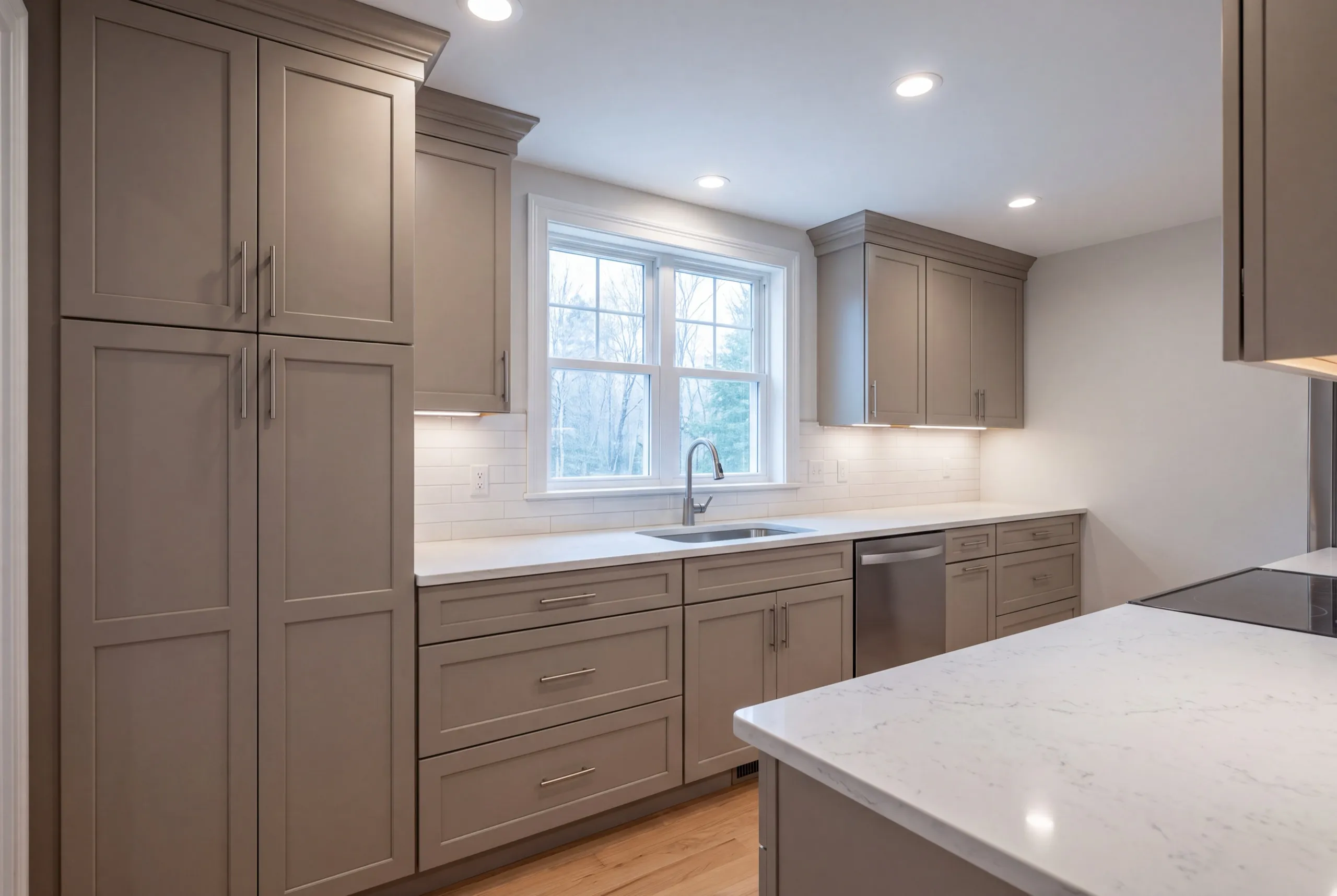 Remodeling Randolph Maine: small taupe kitchen with a tall pantry cabinet, deep drawers and a sink window