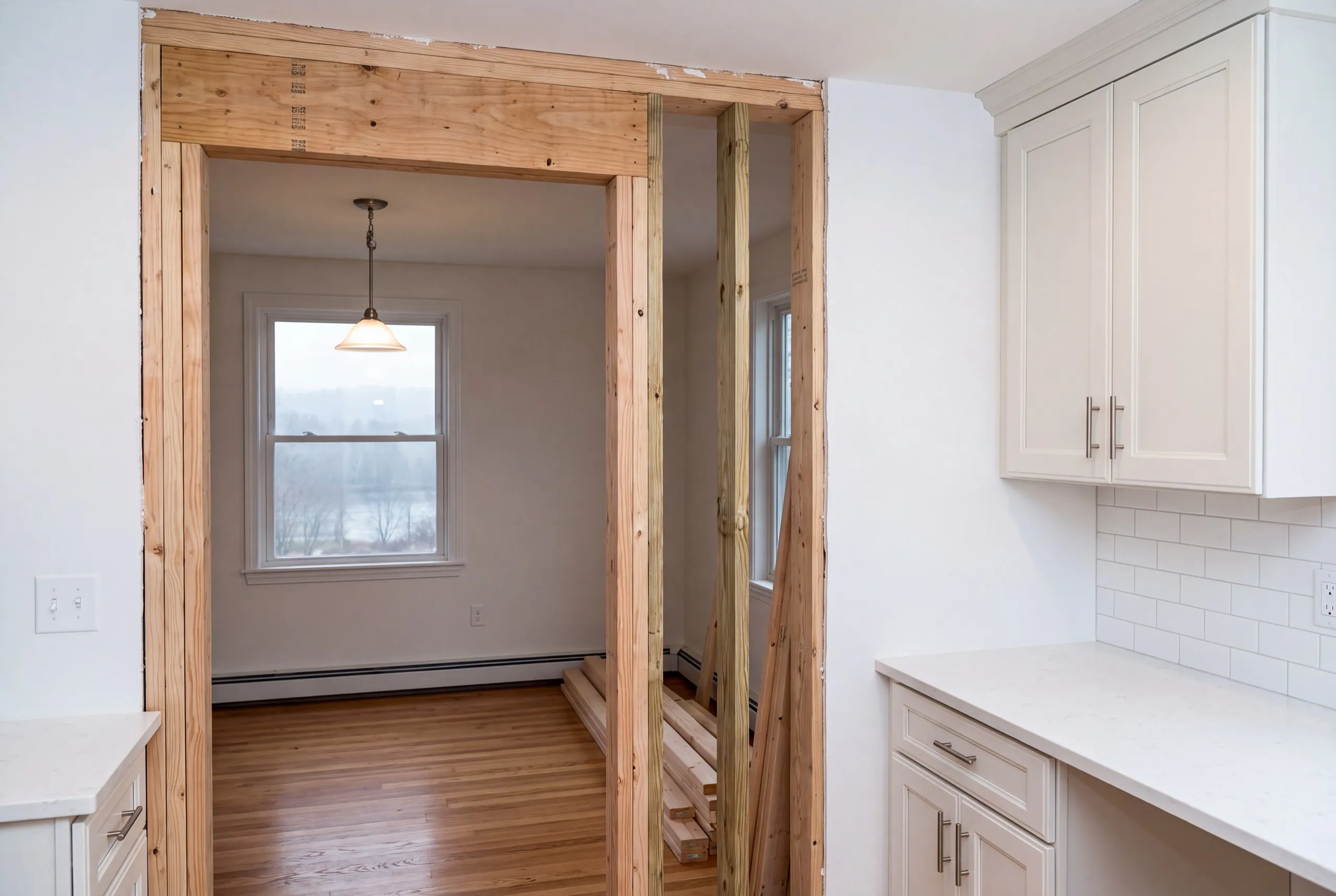 Home remodeling contractor Randolph Maine: widened opening with a new header and bare framing between kitchen and dining room