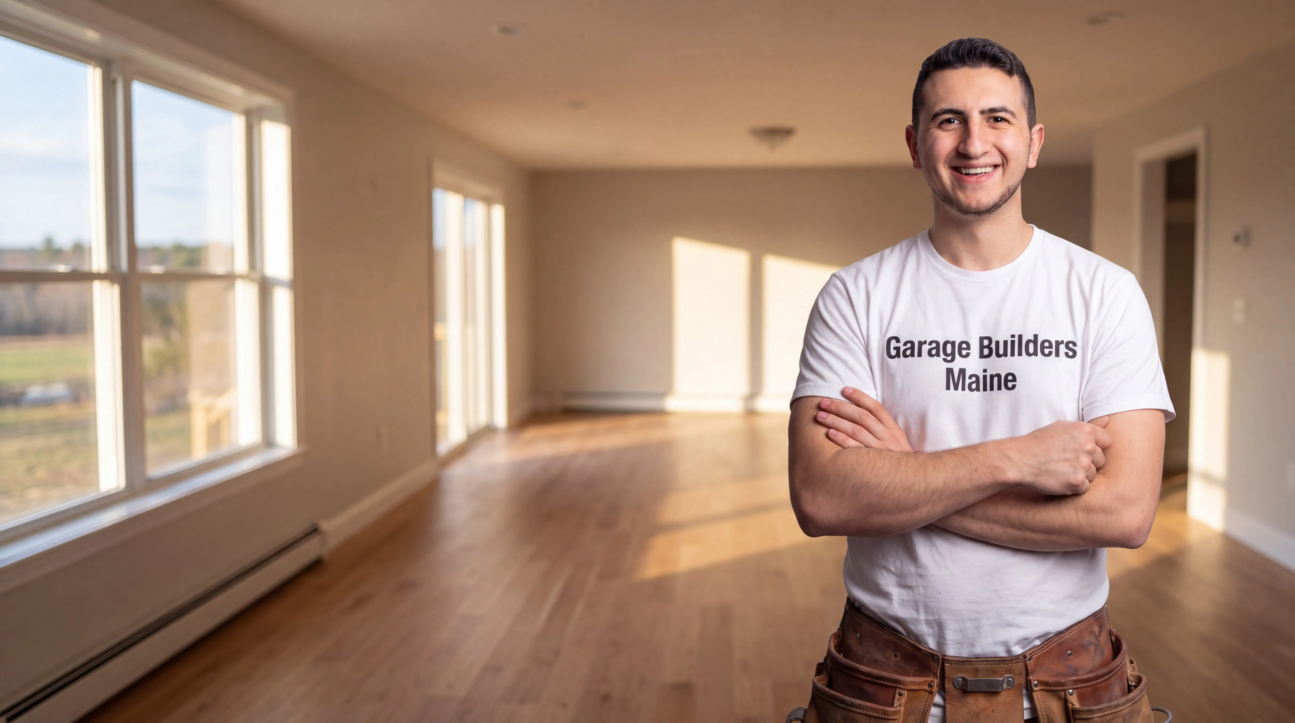 Owner of Garage Builders Maine standing with his arms crossed and smiling at a Maine job site