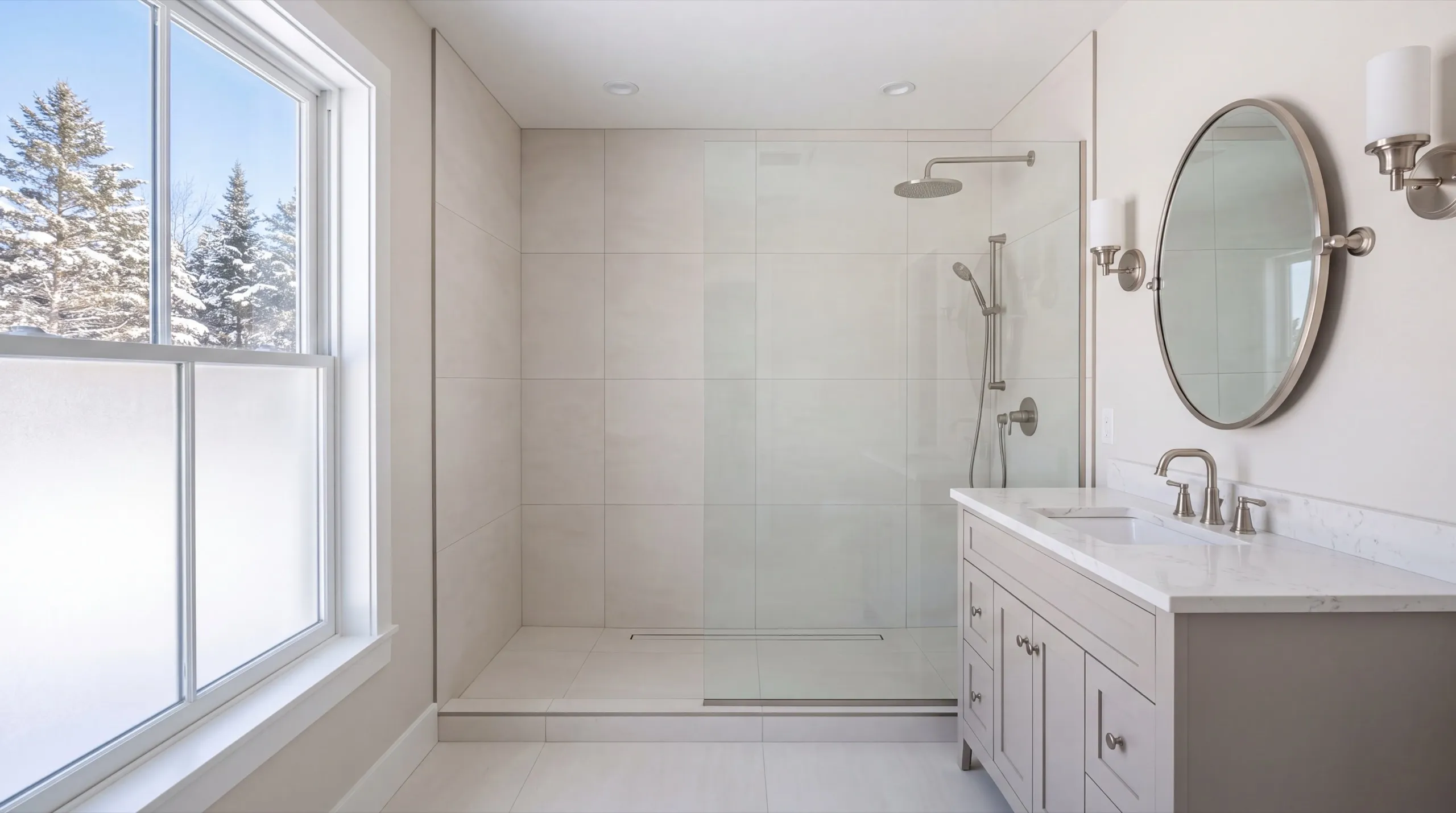 Remodeling Sidney Maine: bathroom with a glass-paneled tiled shower, gray vanity and round mirror