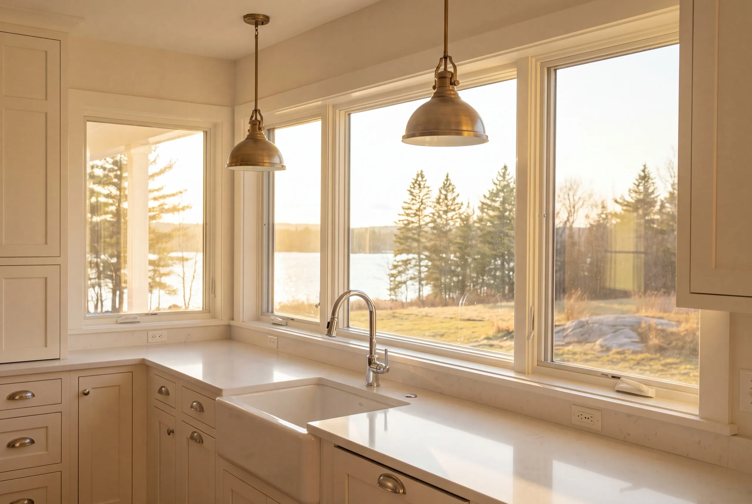 Home remodeling contractor Sidney Maine: kitchen sink and counter under wide lake-view windows, no upper cabinets