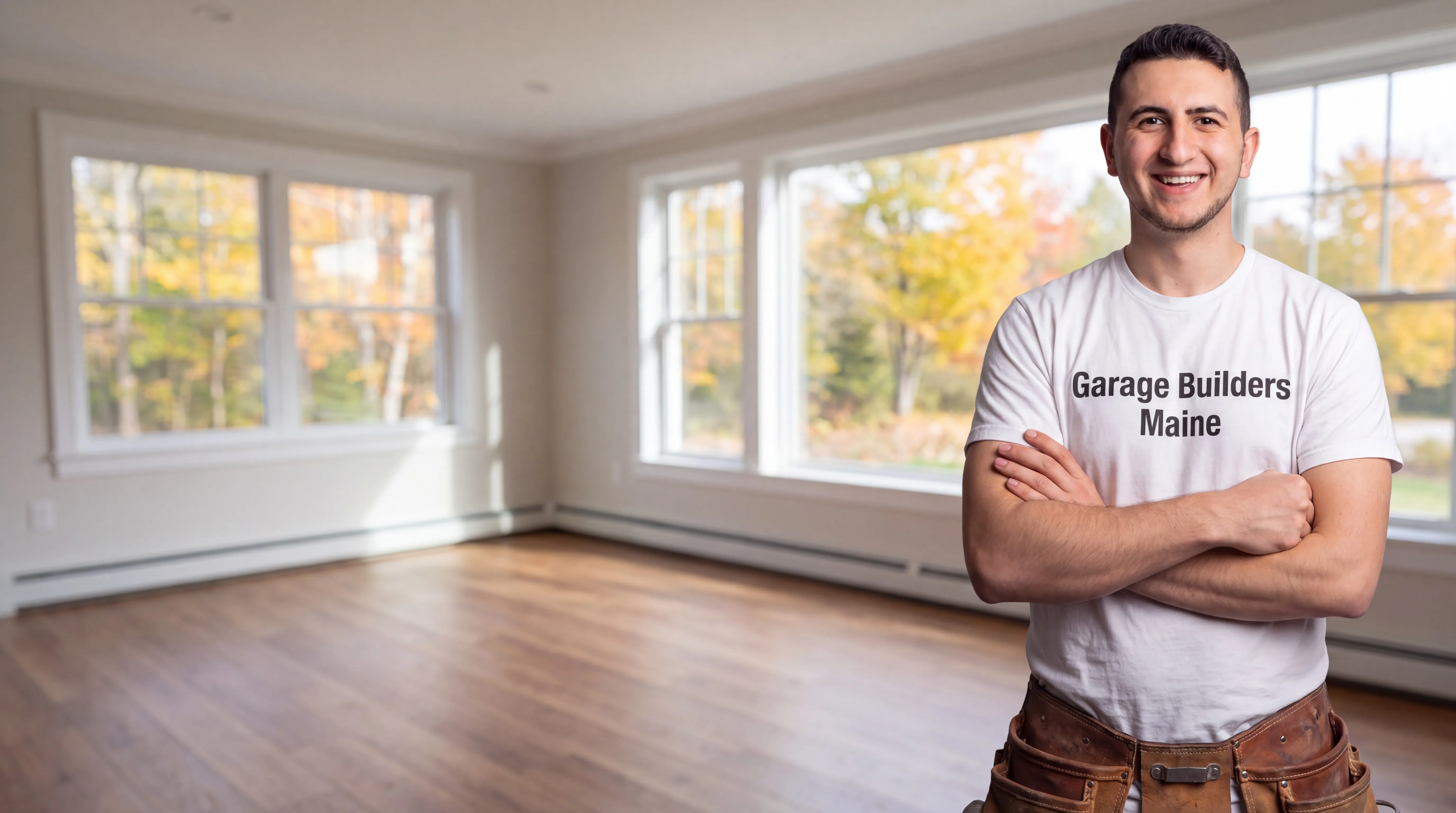 Owner of Garage Builders Maine standing with his arms crossed and smiling at a Maine job site