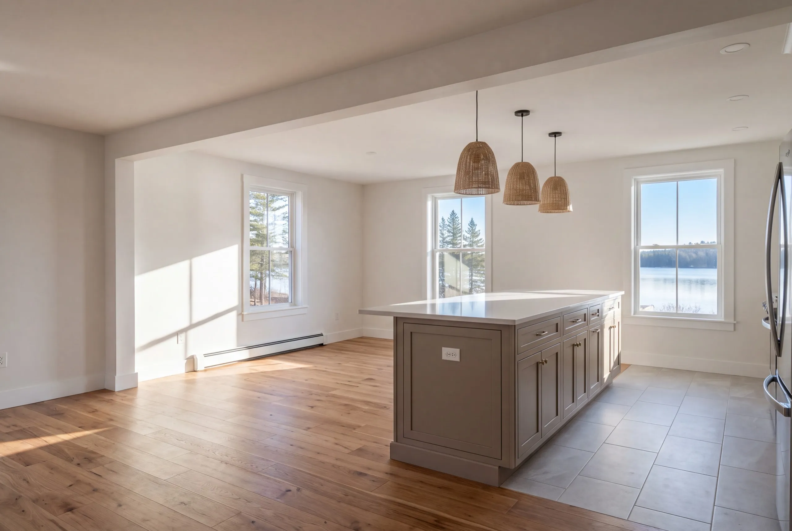Home renovation contractor Sidney Maine: opened kitchen and living area with a header soffit, island and lake windows