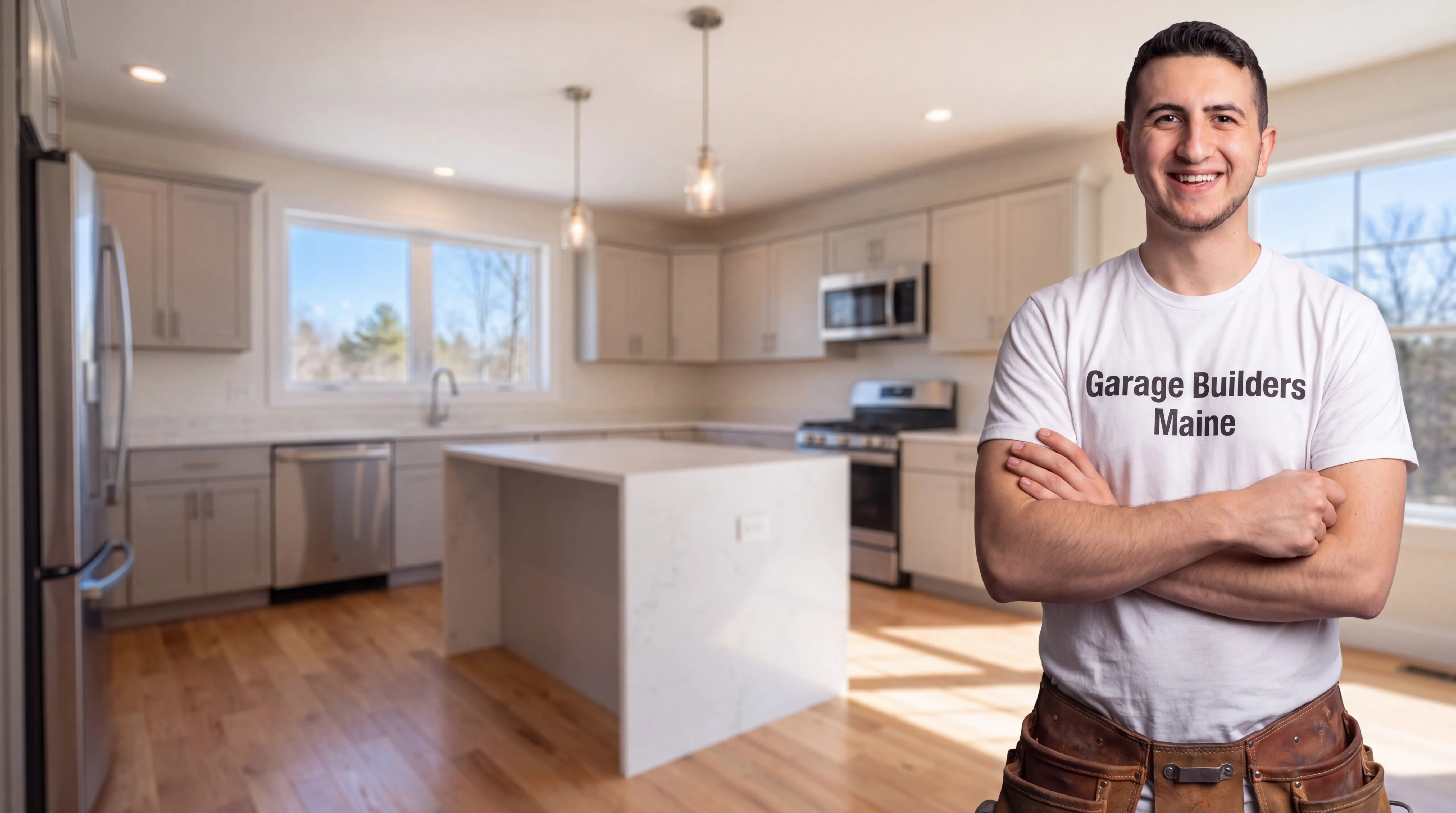 Owner of Garage Builders Maine standing with his arms crossed and smiling at a Maine job site