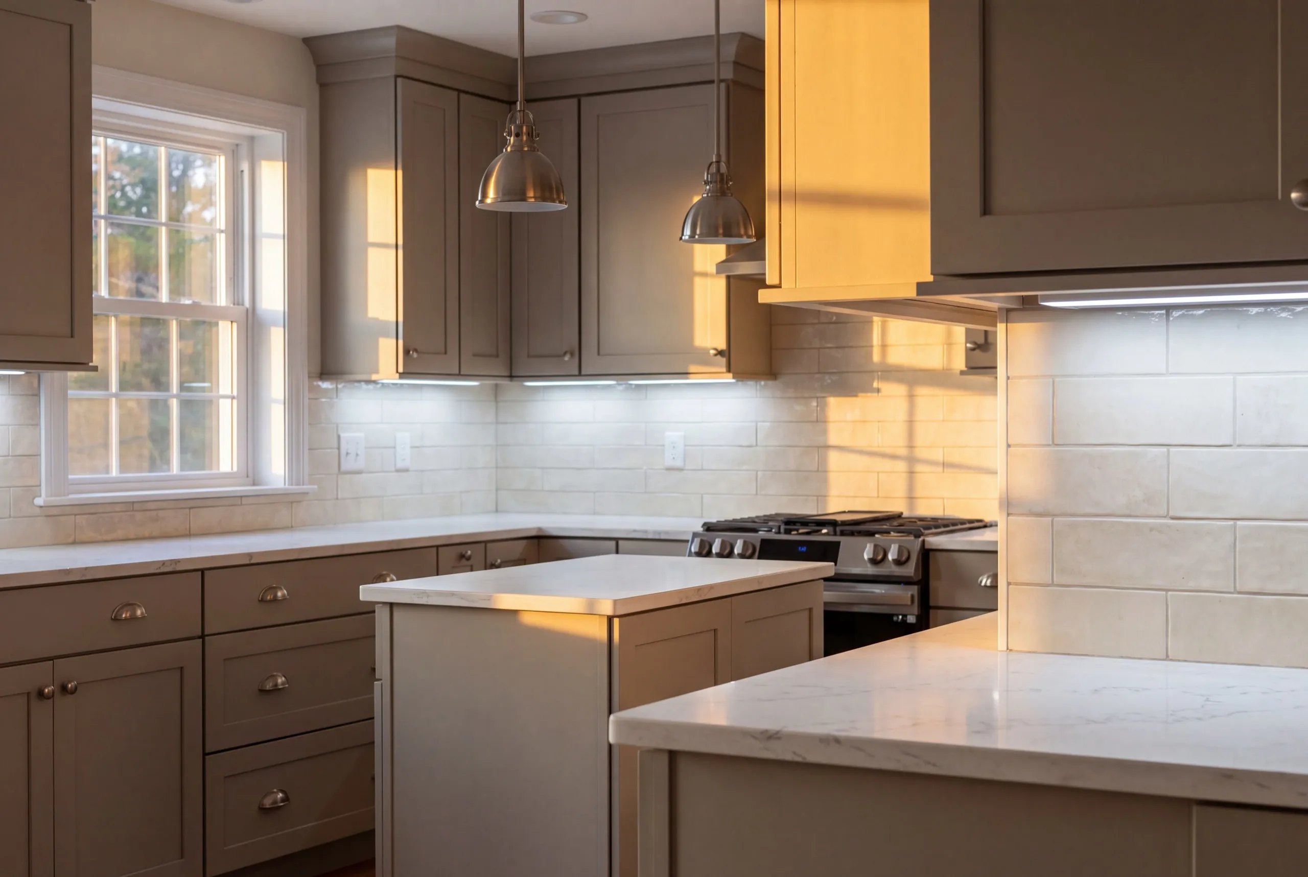Home remodeling contractor West Gardiner Maine: gray shaker kitchen with white stone counters and a full-height tile backsplash