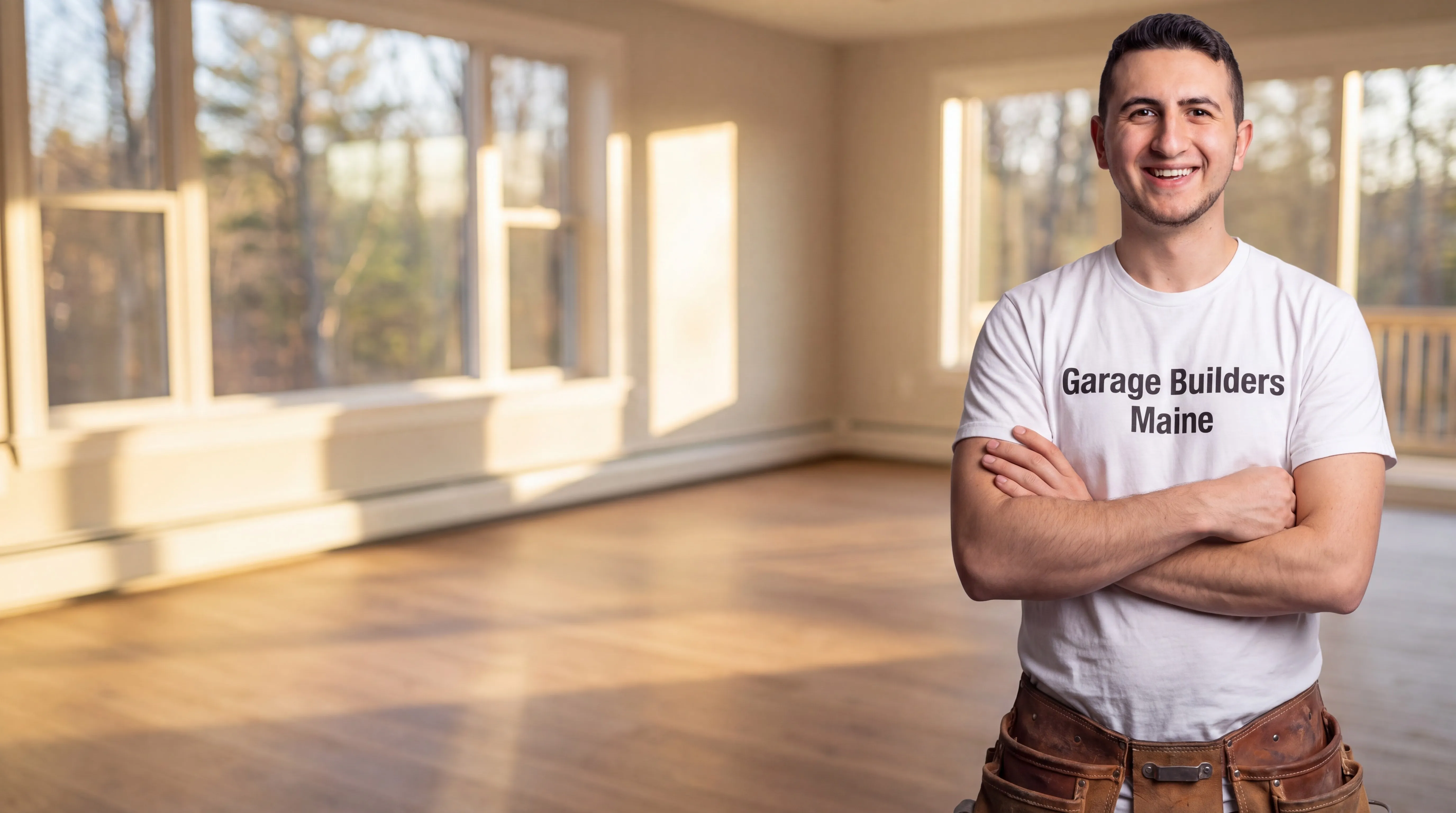 Owner of Garage Builders Maine standing with his arms crossed and smiling at a Maine job site