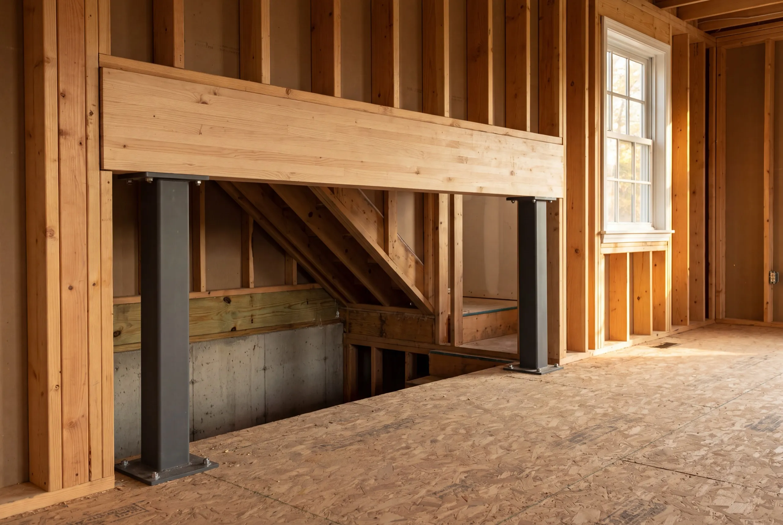Home renovation contractor West Gardiner Maine: new wood header on two steel posts over an open basement stairwell