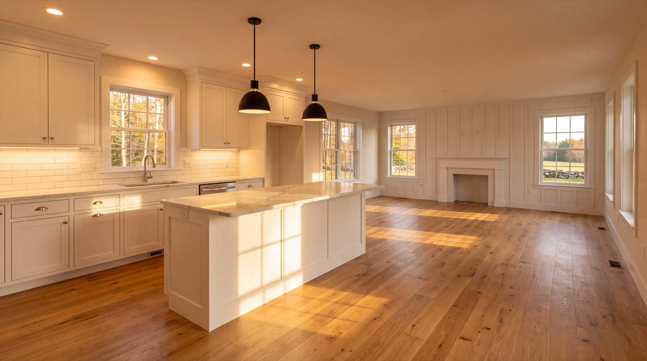 Remodeling in Whitefield, ME: finished white kitchen with an island and pendants open to a living room