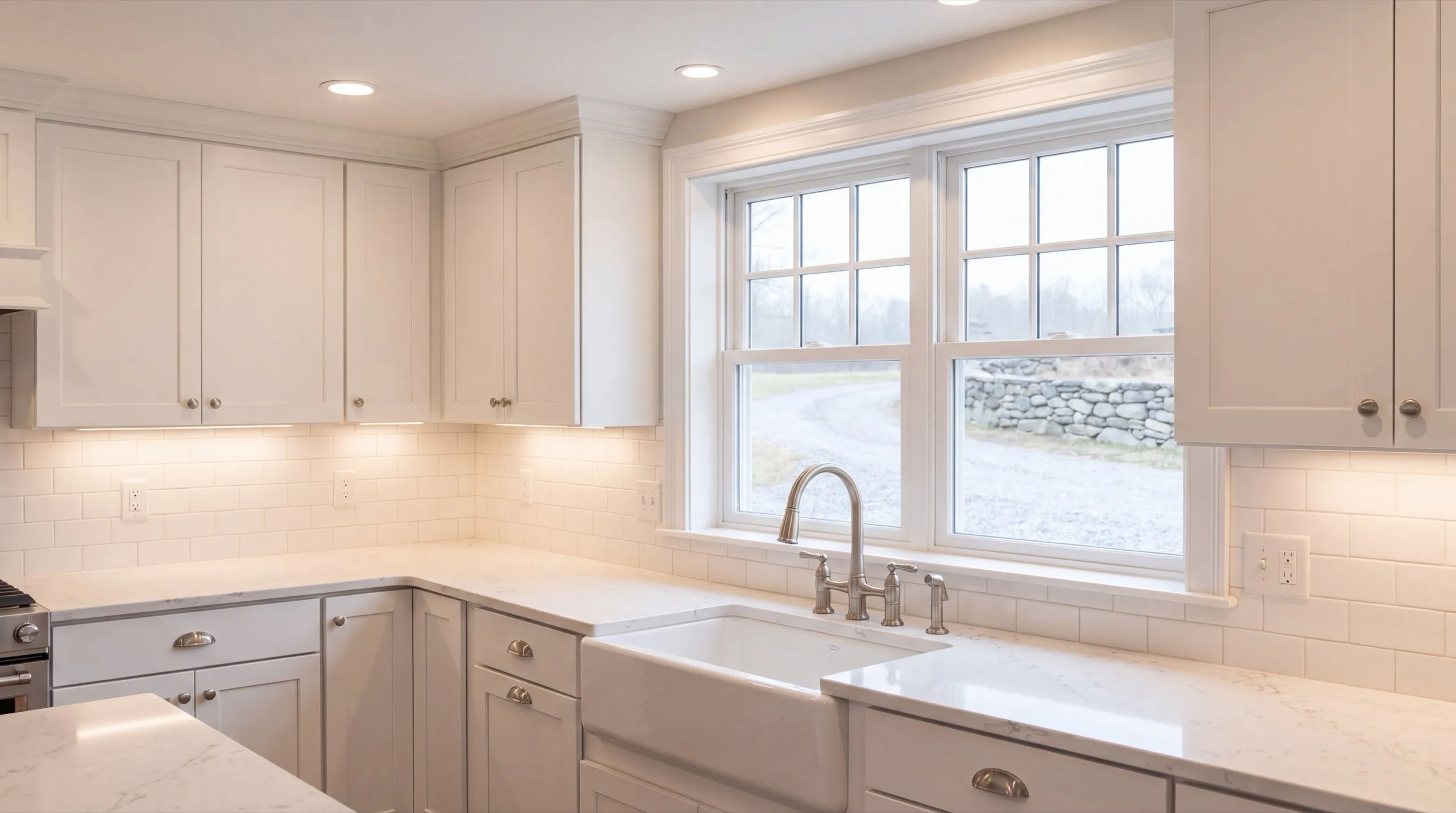 Remodeling Whitefield Maine: white shaker kitchen with a farmhouse sink, stone counters and subway tile
