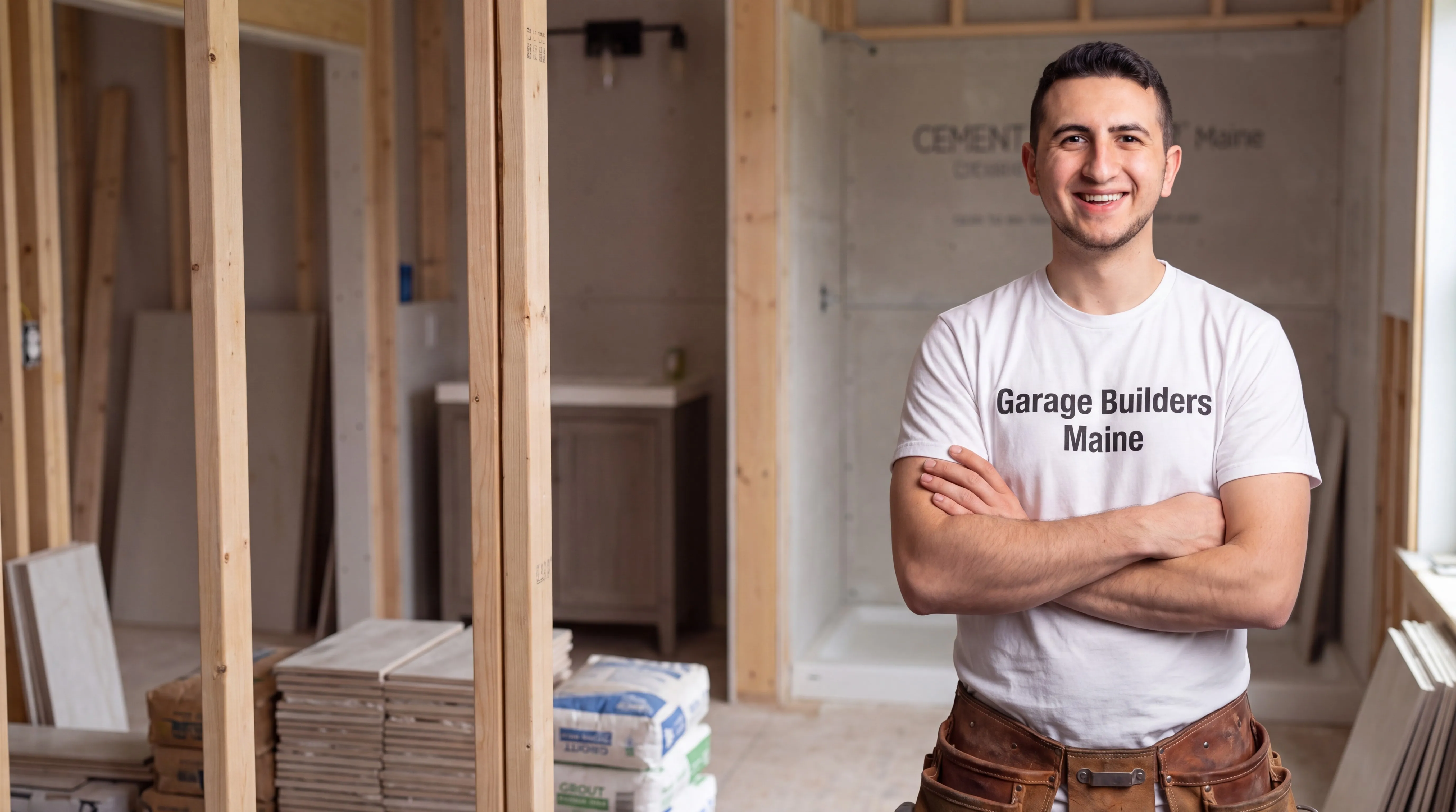Owner of Garage Builders Maine standing with his arms crossed and smiling at a Maine job site