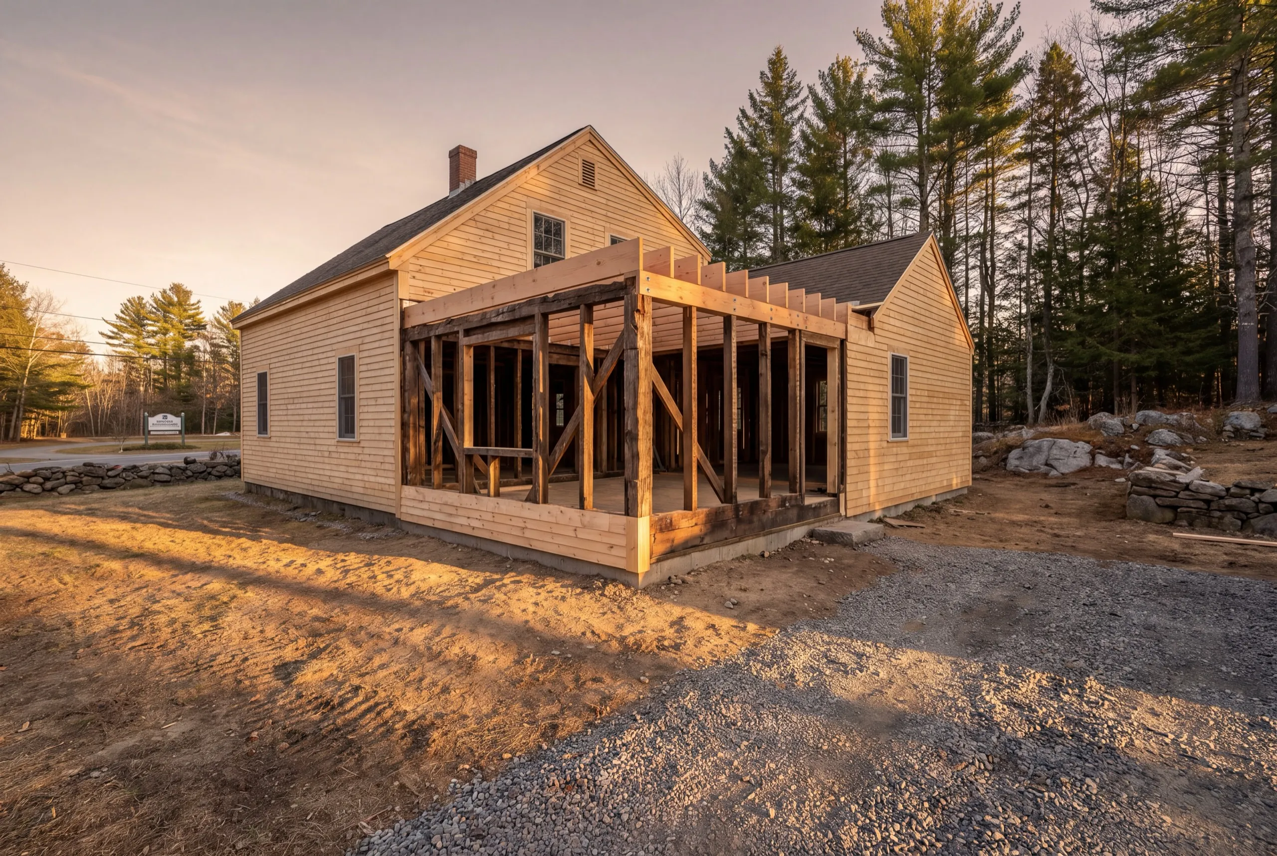 Remodeling Windsor Maine: clapboard farmhouse with an open section of old timber framing being repaired
