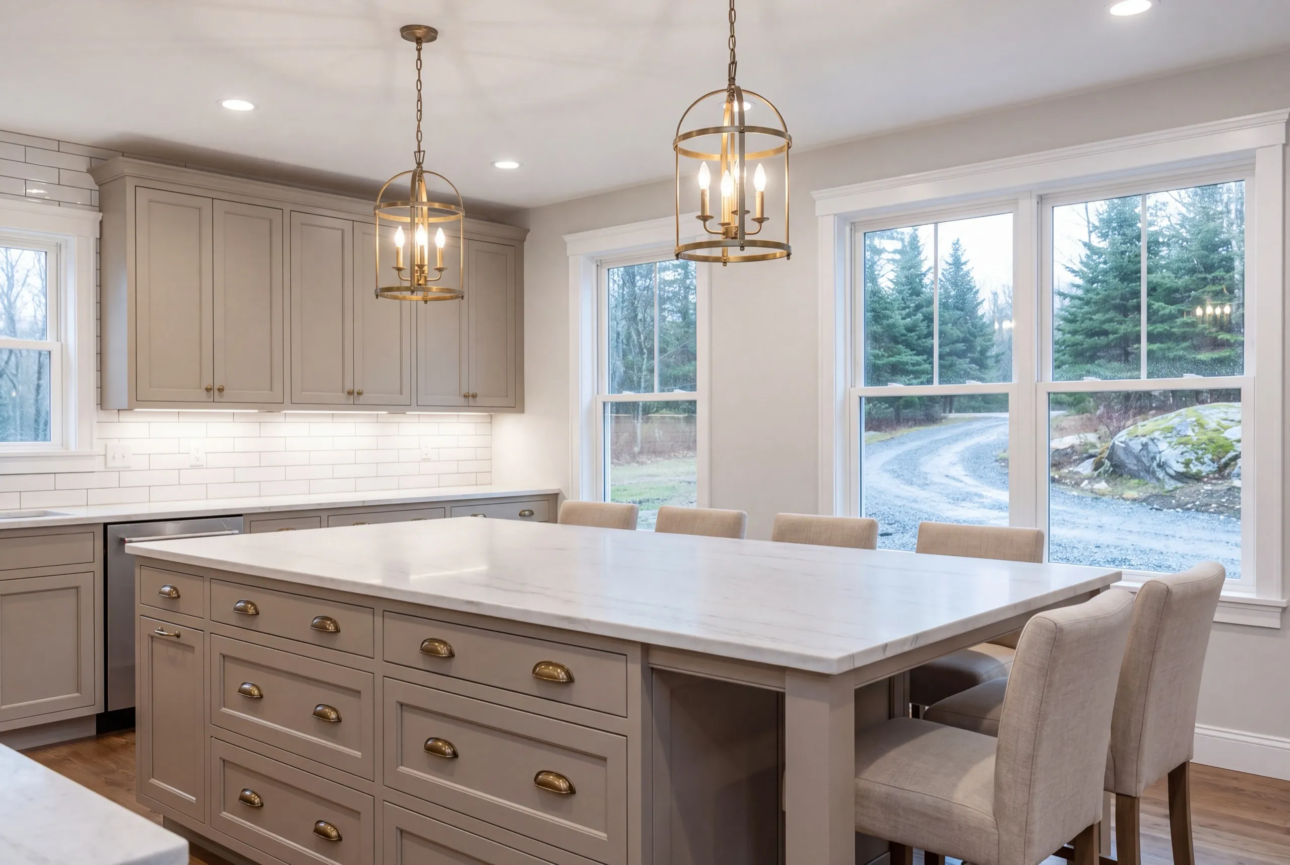 Home remodeling contractor Windsor Maine: large kitchen island with deep drawers, stone top and upholstered seating