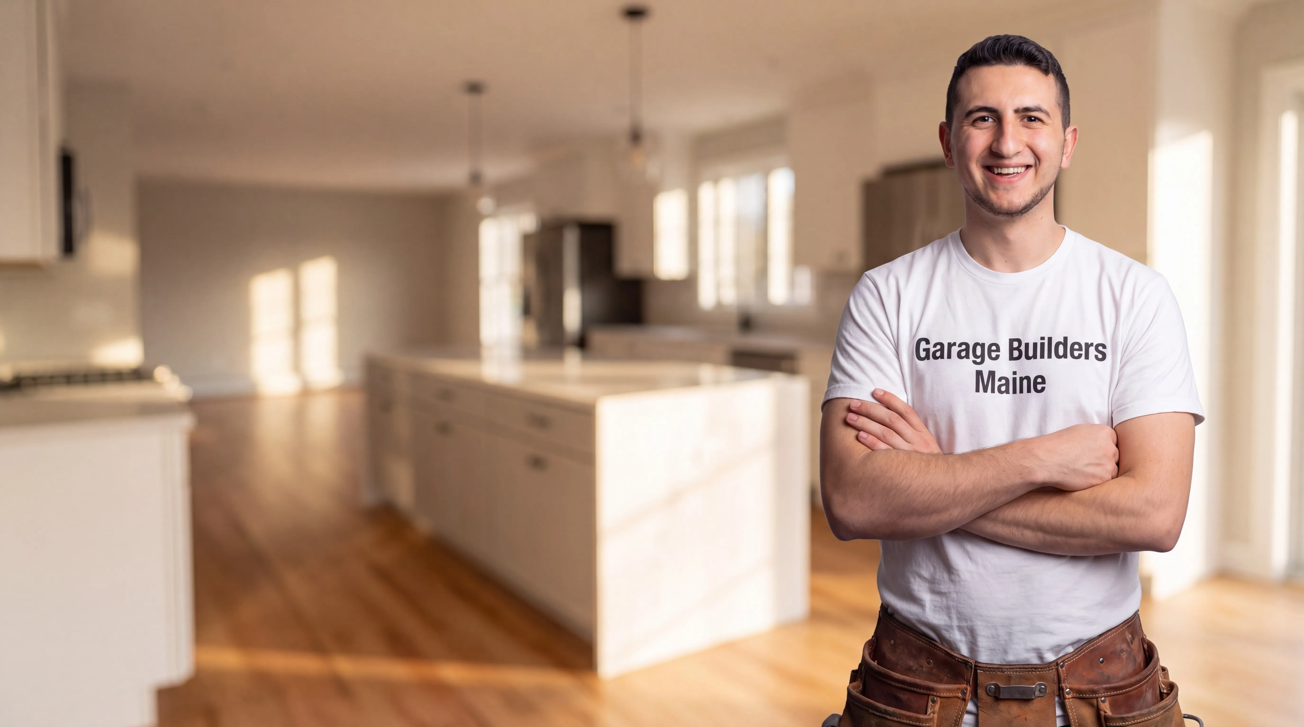 Owner of Garage Builders Maine standing with his arms crossed and smiling at a Maine job site