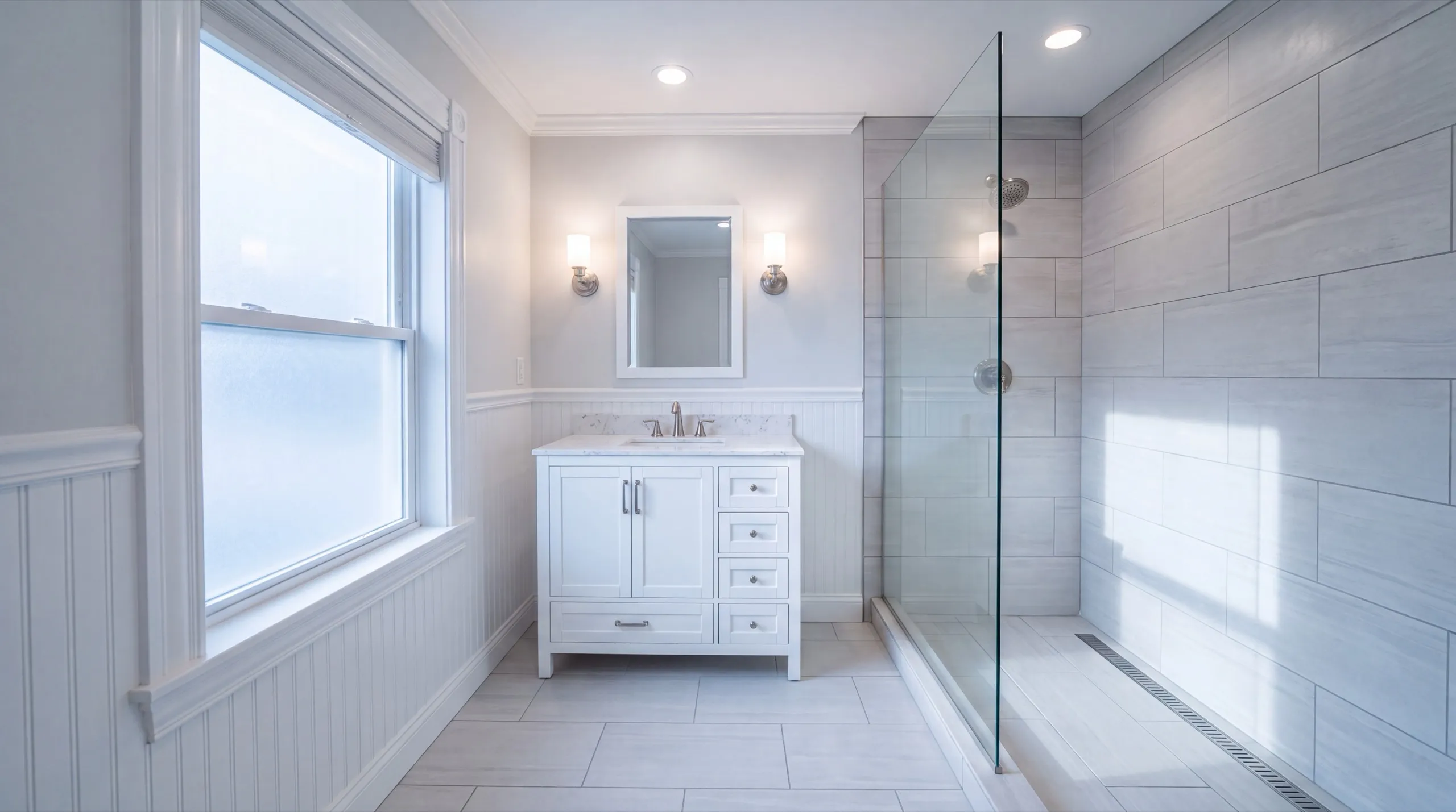 Remodeling Winthrop Maine: bathroom with a tiled walk-in shower, glass panel and white vanity