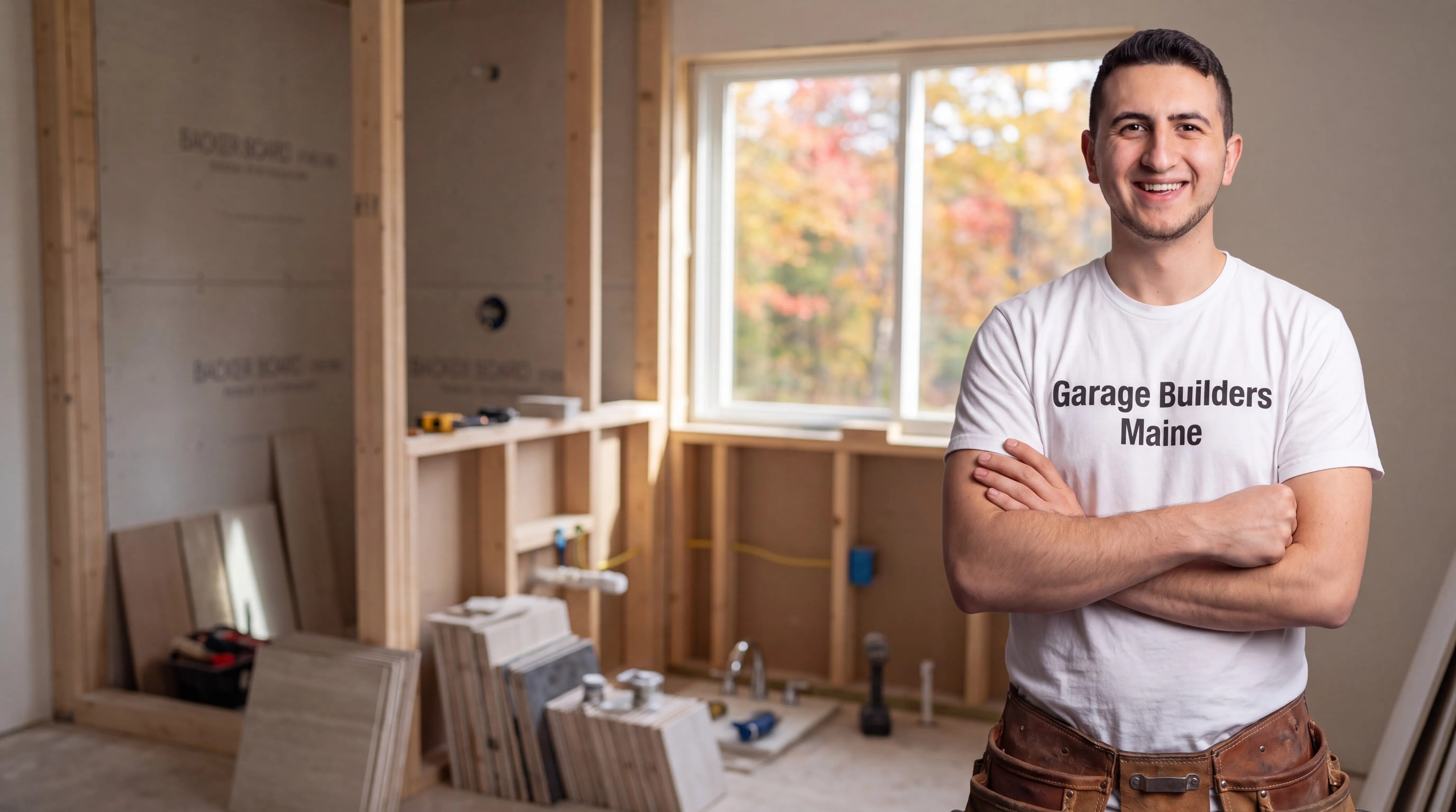 Remodeling Winthrop Maine: owner with arms crossed in a bathroom remodel with backer board and tile stacks