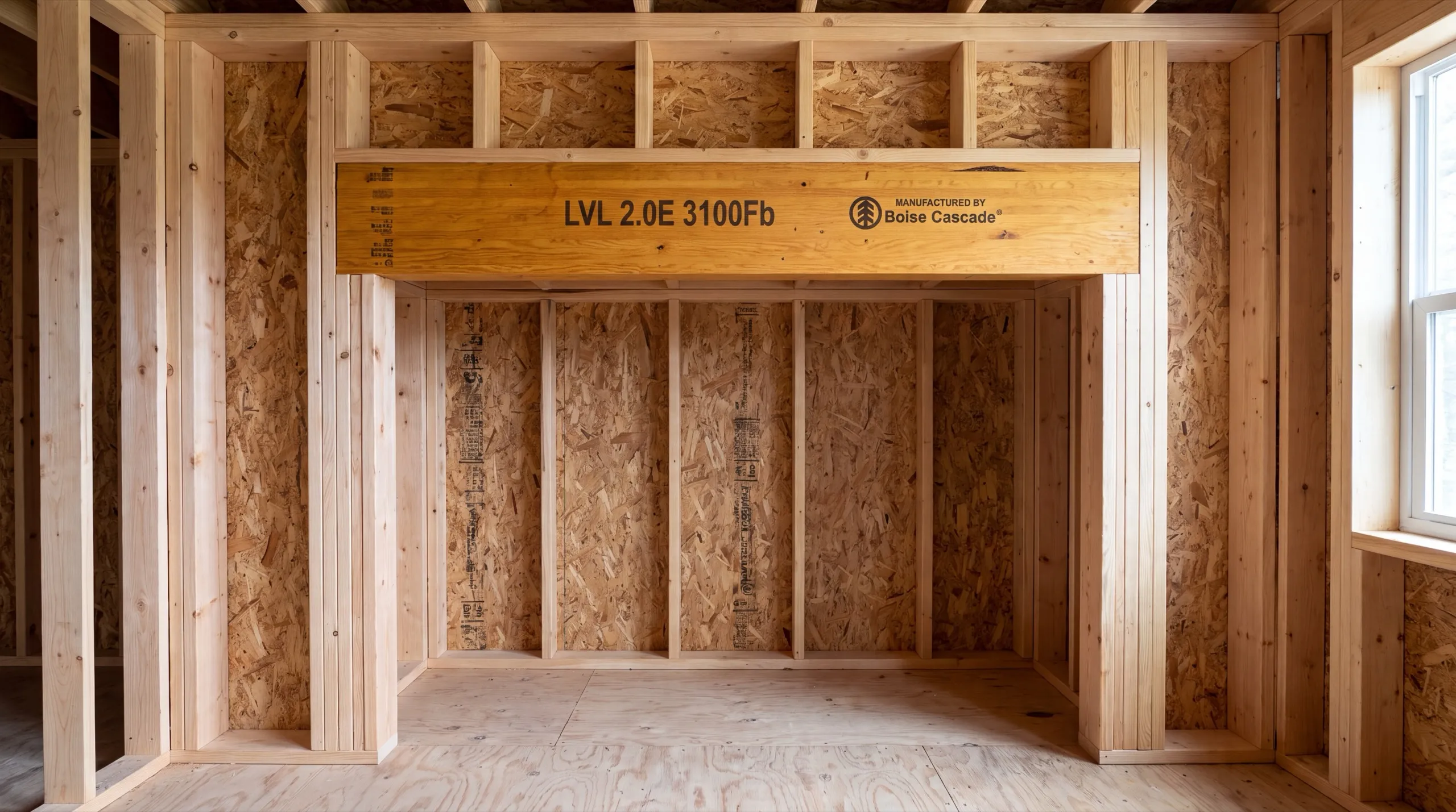 Home remodeling contractor Winthrop Maine: stamped engineered lumber header over an opening in a framed room with sheathed walls