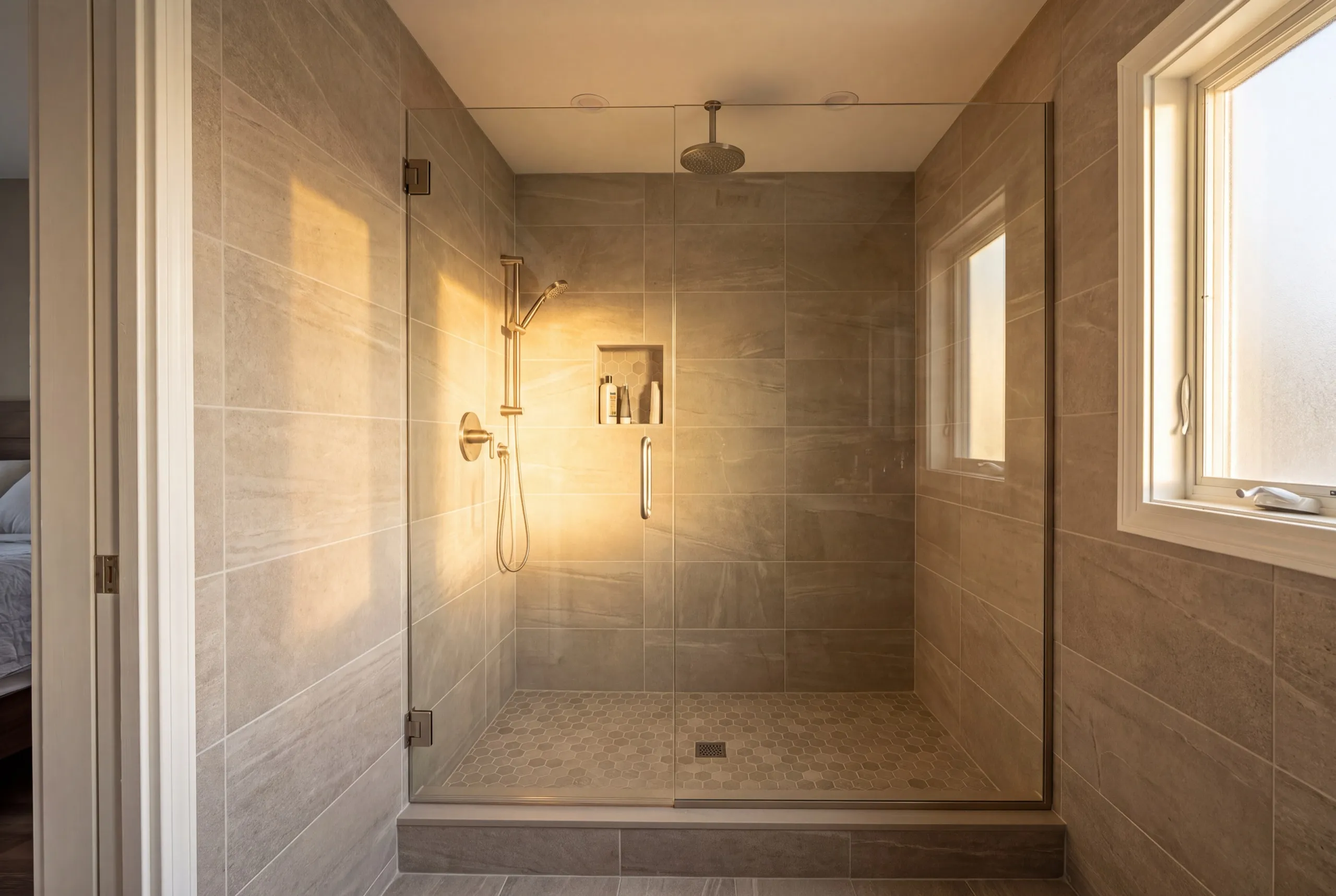 Home renovation contractor Winthrop Maine: tiled walk-in shower with a glass door, niche and rain head