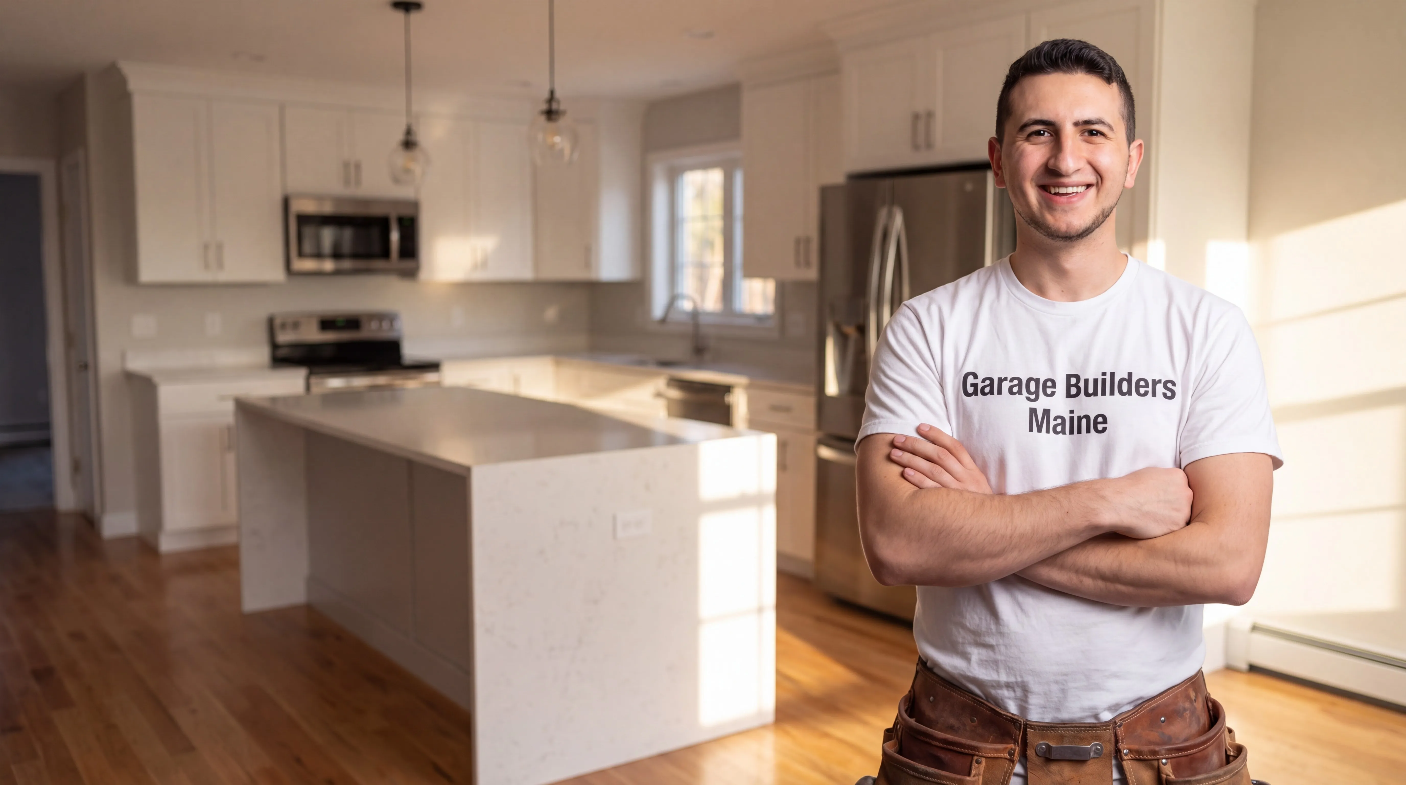 Owner of Garage Builders Maine standing with his arms crossed and smiling at a Maine job site