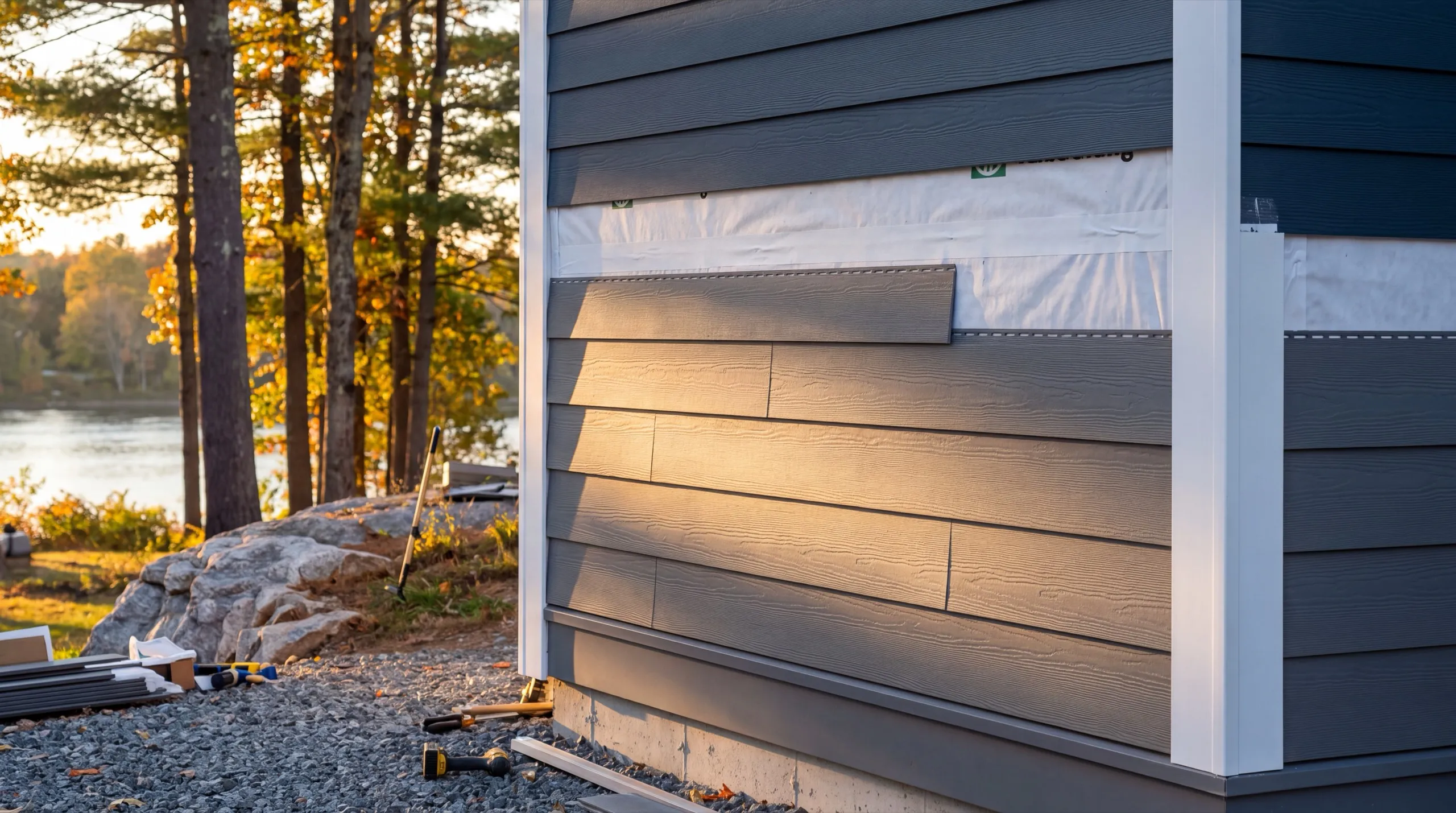 Siding contractor Augusta Maine: gray lap siding going on over white house wrap with tools on the gravel
