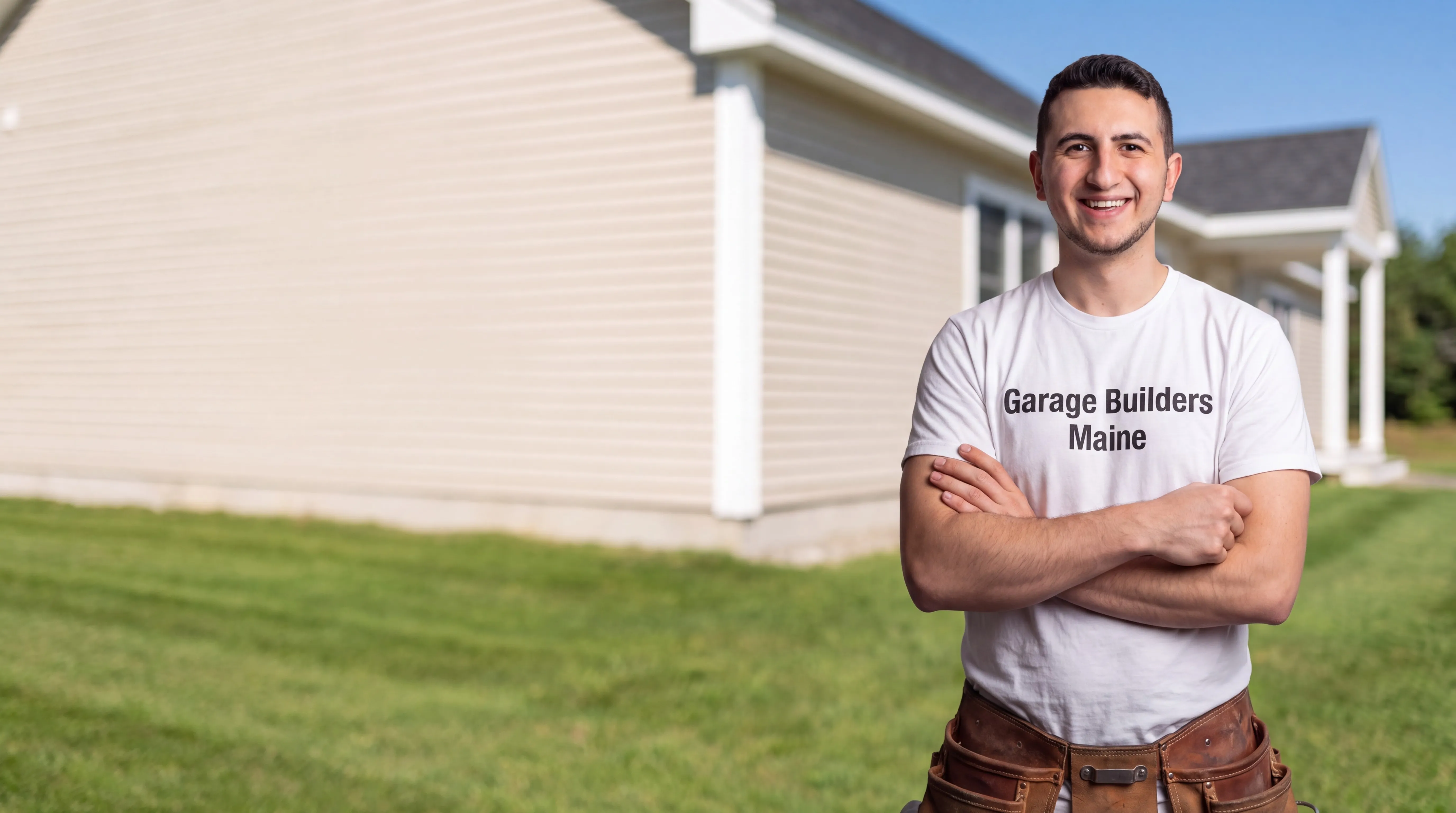 Owner of Garage Builders Maine standing with his arms crossed and smiling at a Maine job site