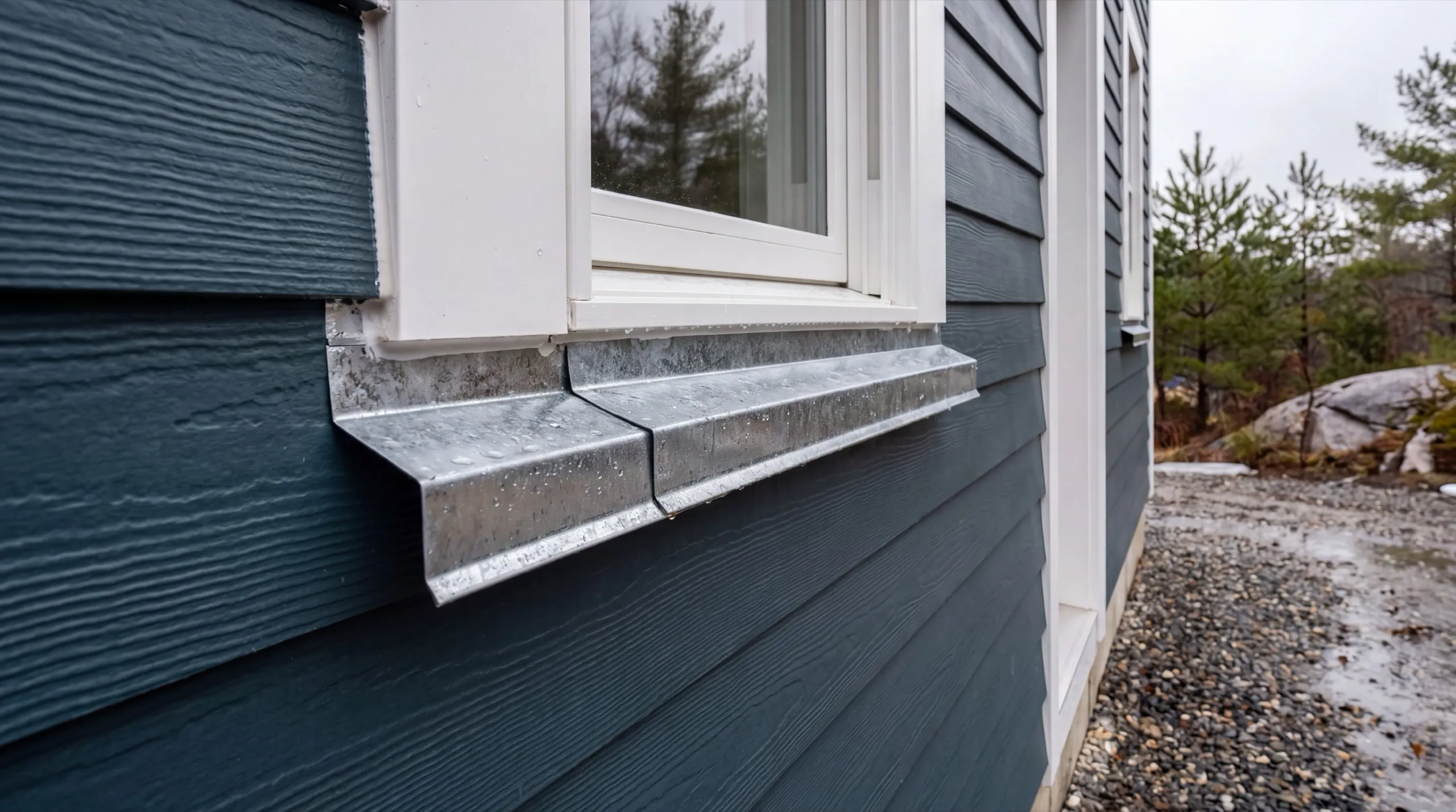 Siding installer Augusta Maine: metal sill flashing under a white window on dark blue lap siding