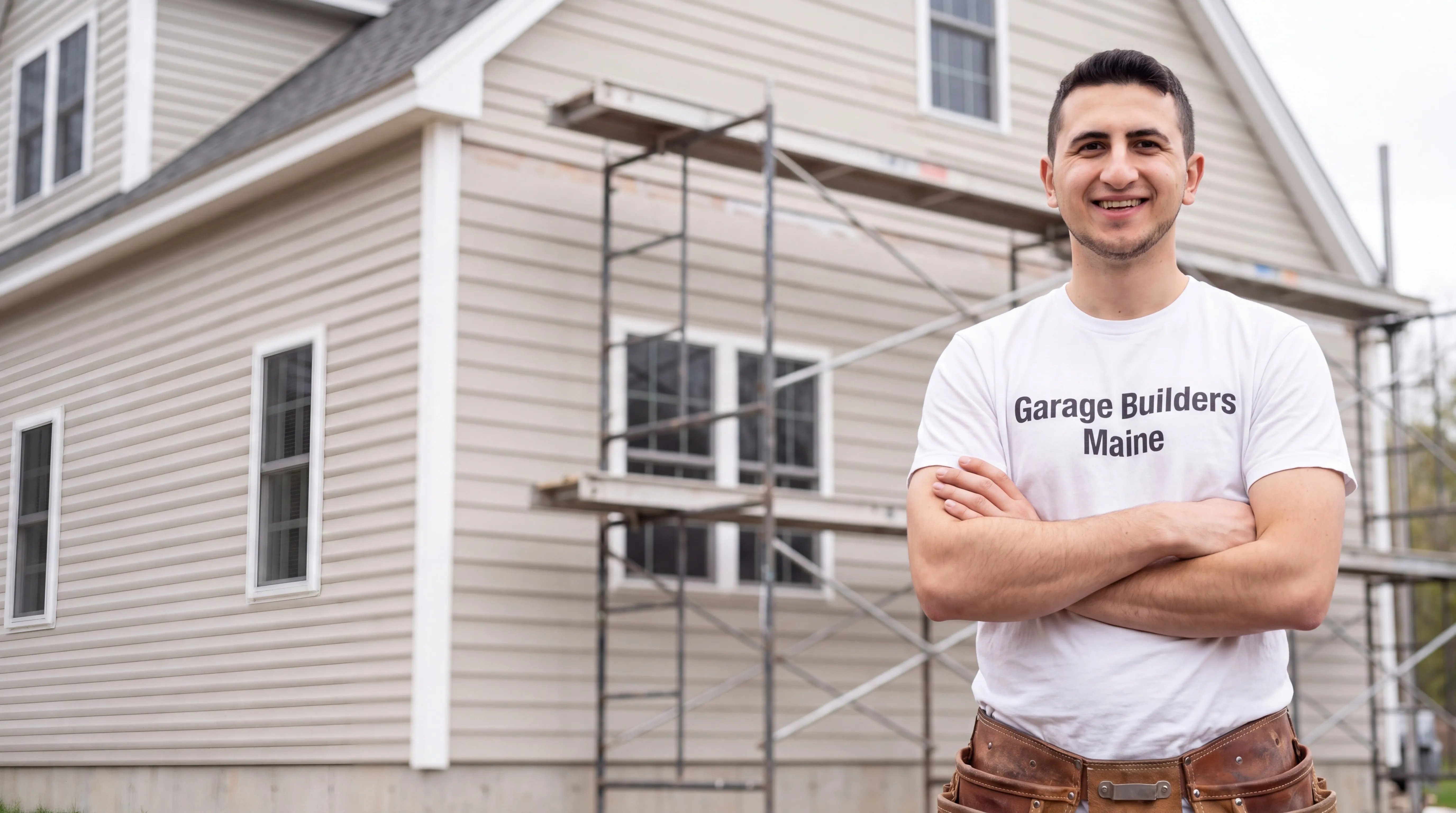 Siding contractor Chelsea Maine: owner with arms crossed in front of a beige vinyl-sided house with staging