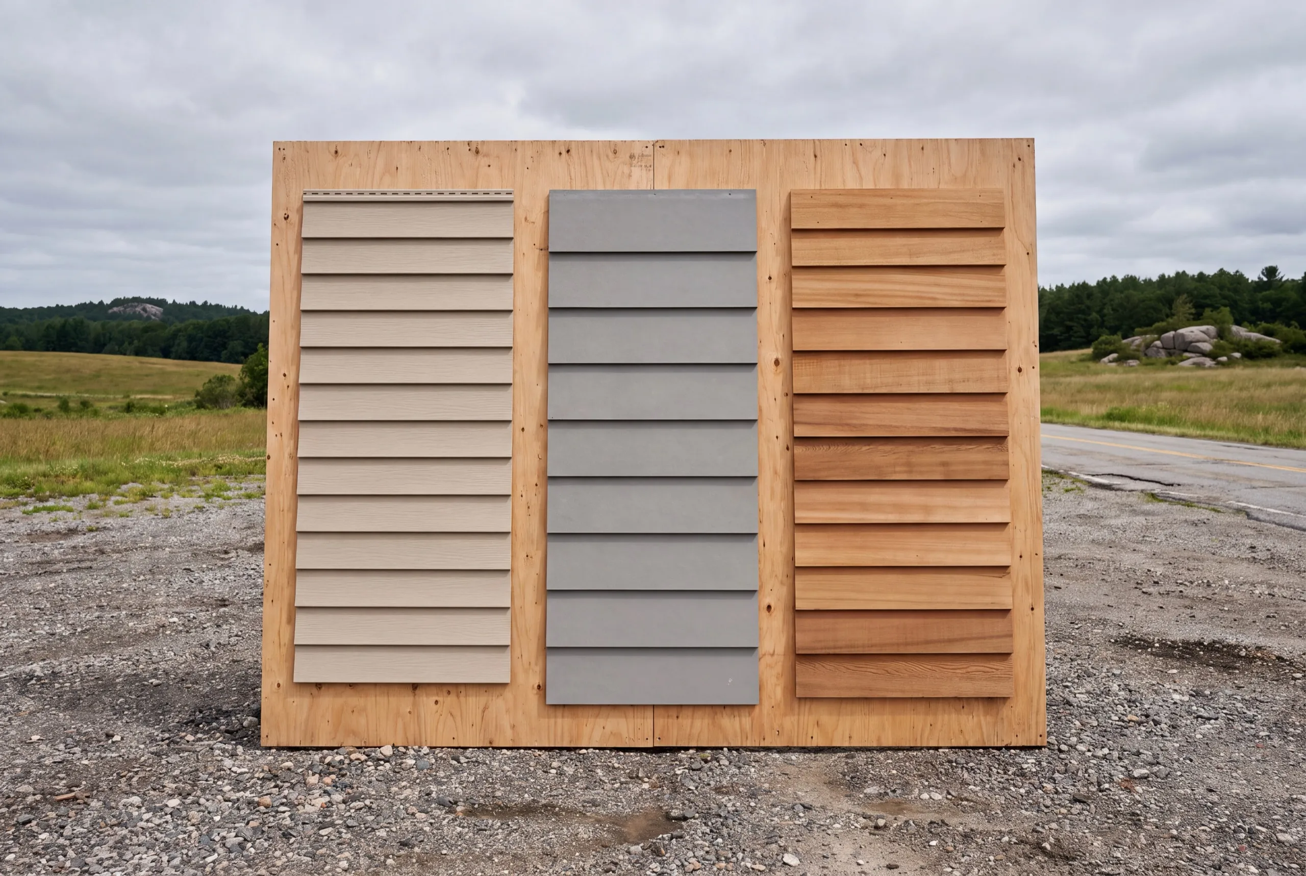 Siding installer Chelsea Maine: plywood sample board with beige vinyl, gray lap and natural cedar siding panels