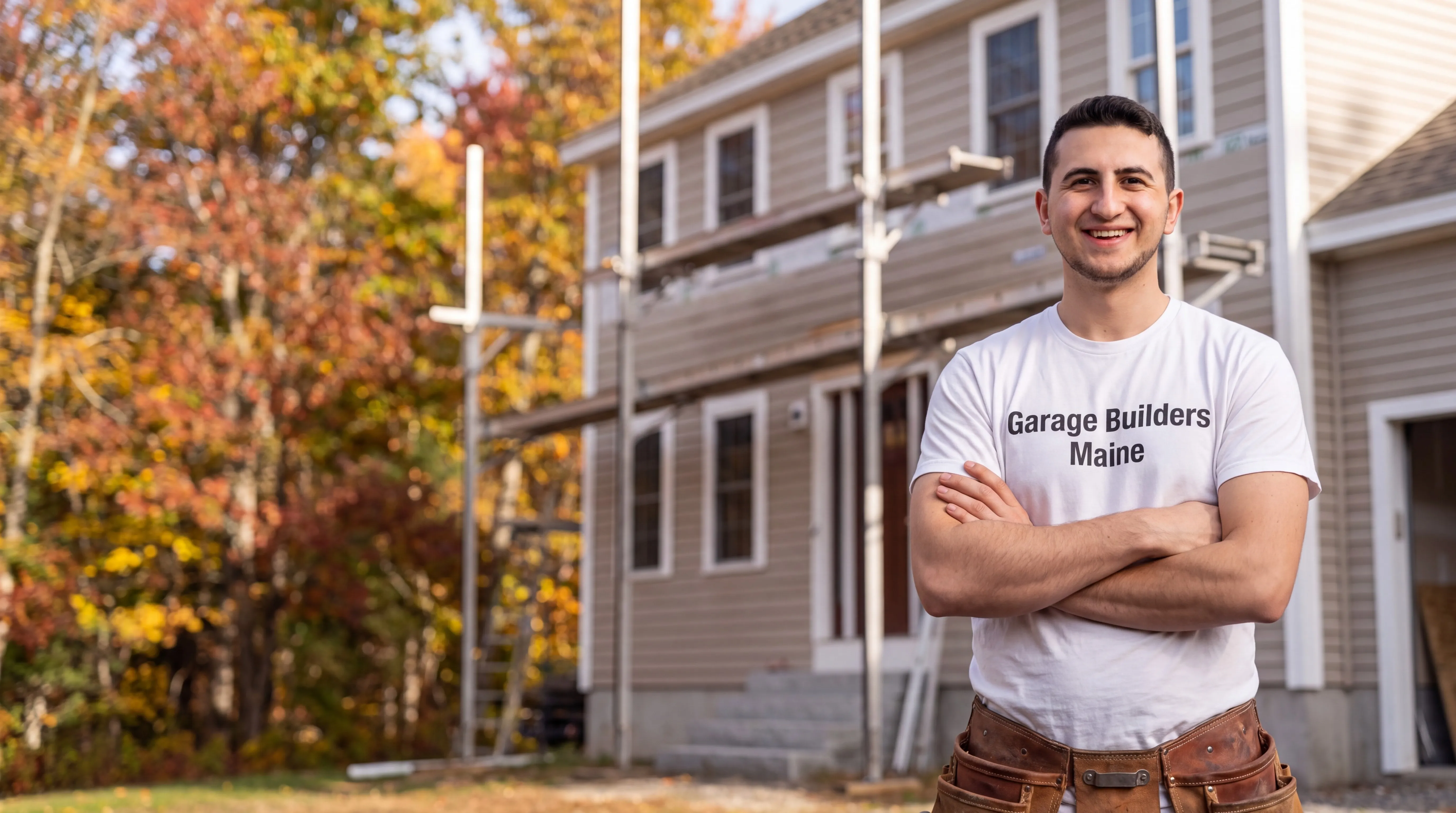 Owner of Garage Builders Maine standing with his arms crossed and smiling at a Maine job site