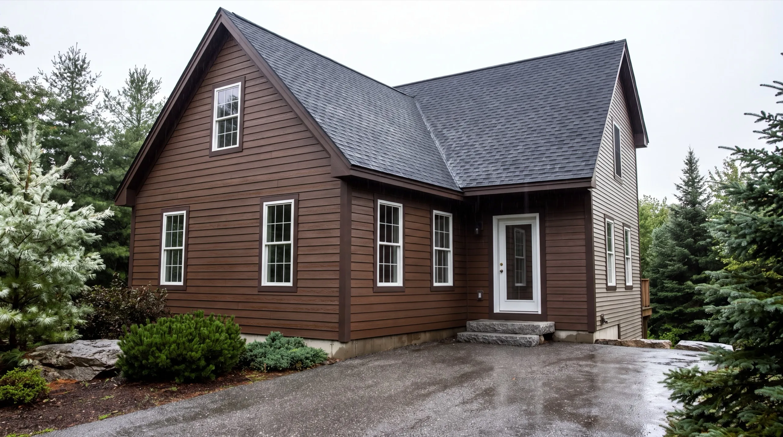 Siding contractor in Farmingdale, ME: finished brown cape with lap siding, a side ell and white trim