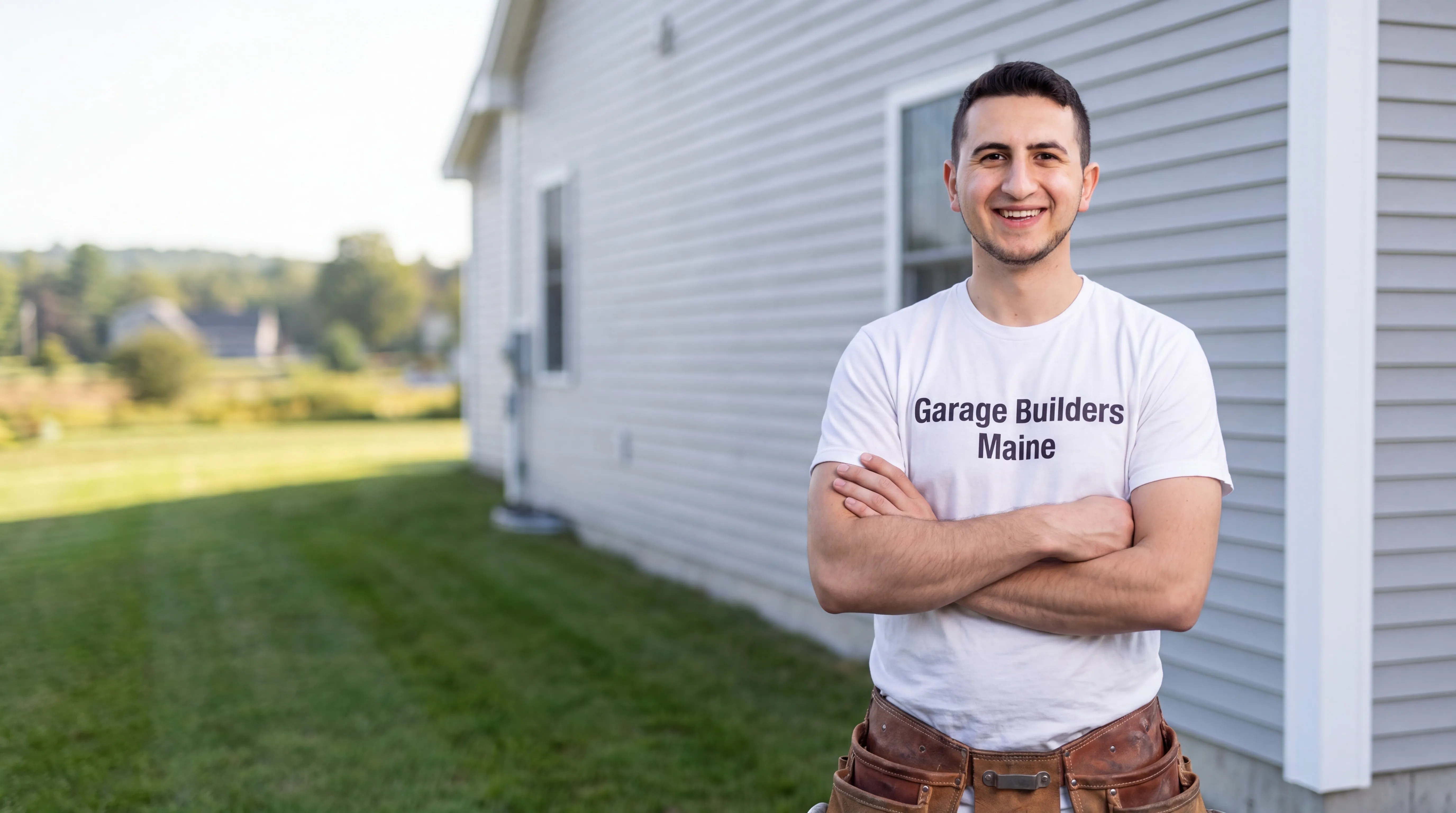 Owner of Garage Builders Maine standing with his arms crossed and smiling at a Maine job site