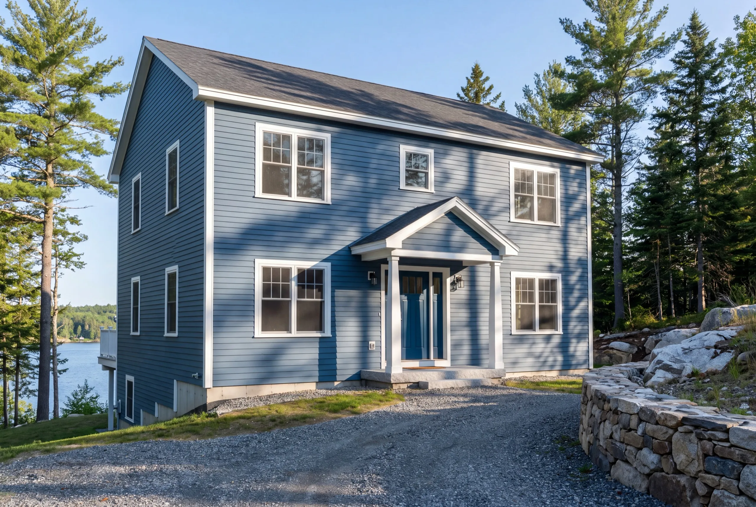 Siding contractor Farmingdale Maine: finished blue two-story colonial with lap siding and a walkout above a lake