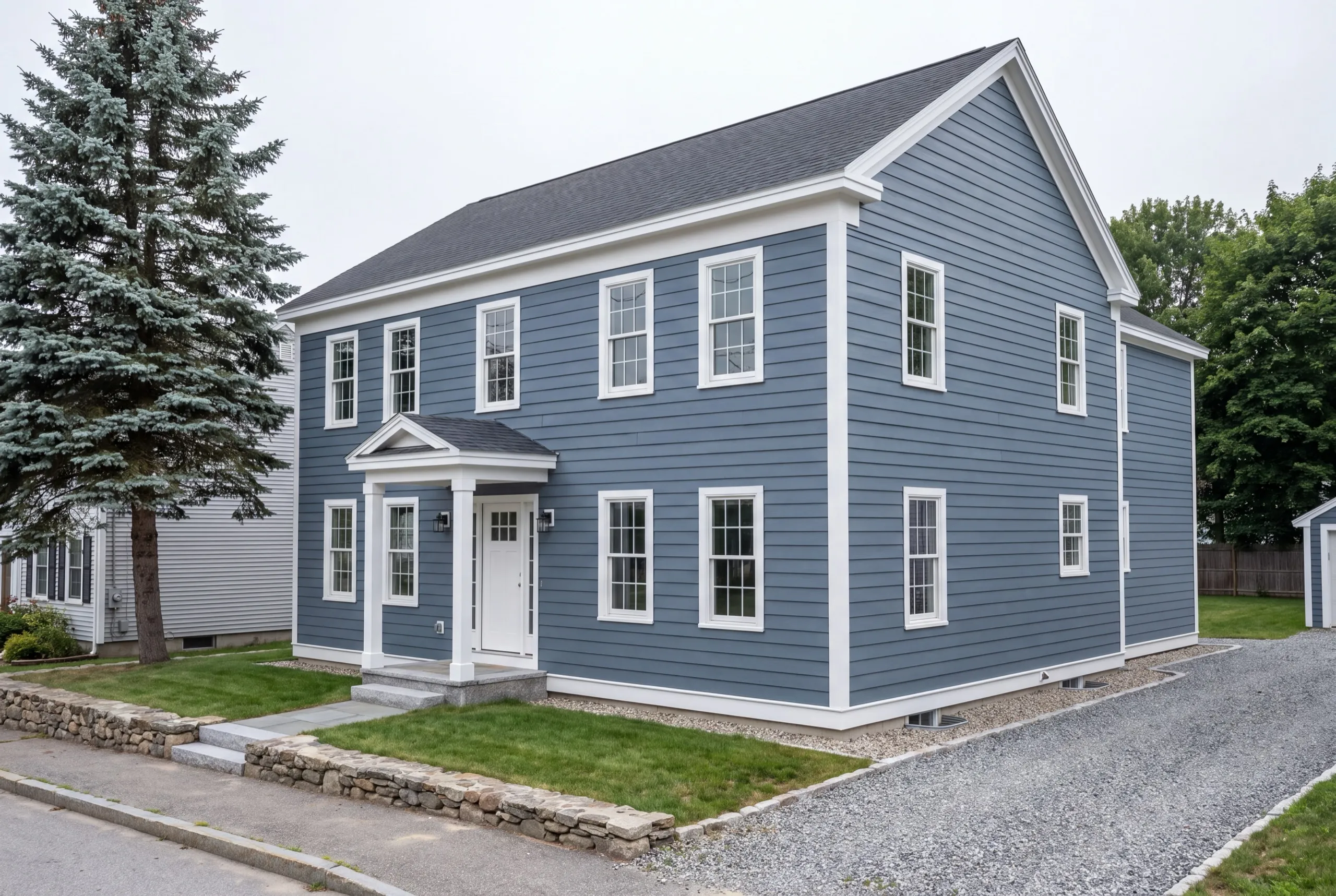 Siding contractor Gardiner Maine: finished blue two-story colonial with narrow lap siding and a white portico