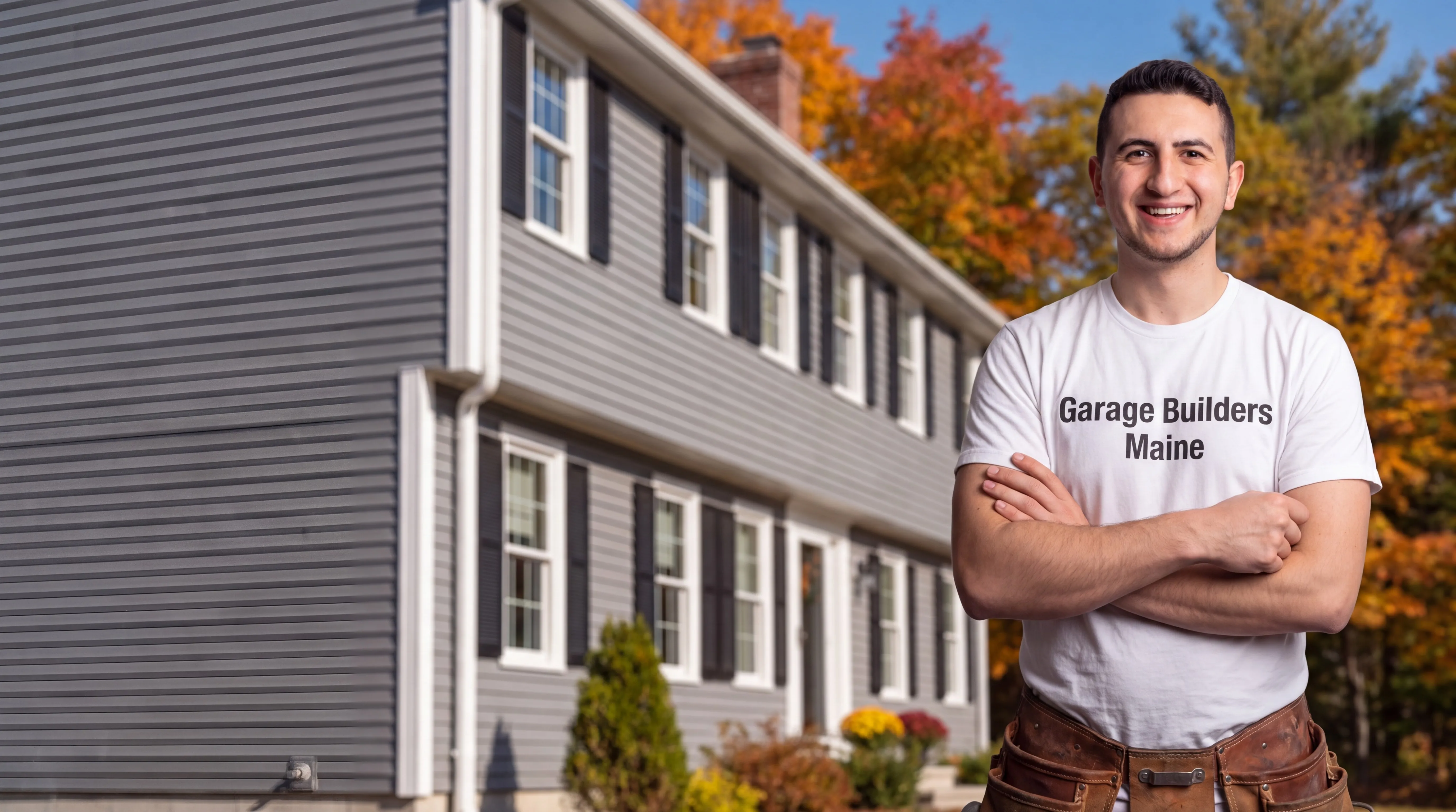 Owner of Garage Builders Maine standing with his arms crossed and smiling at a Maine job site