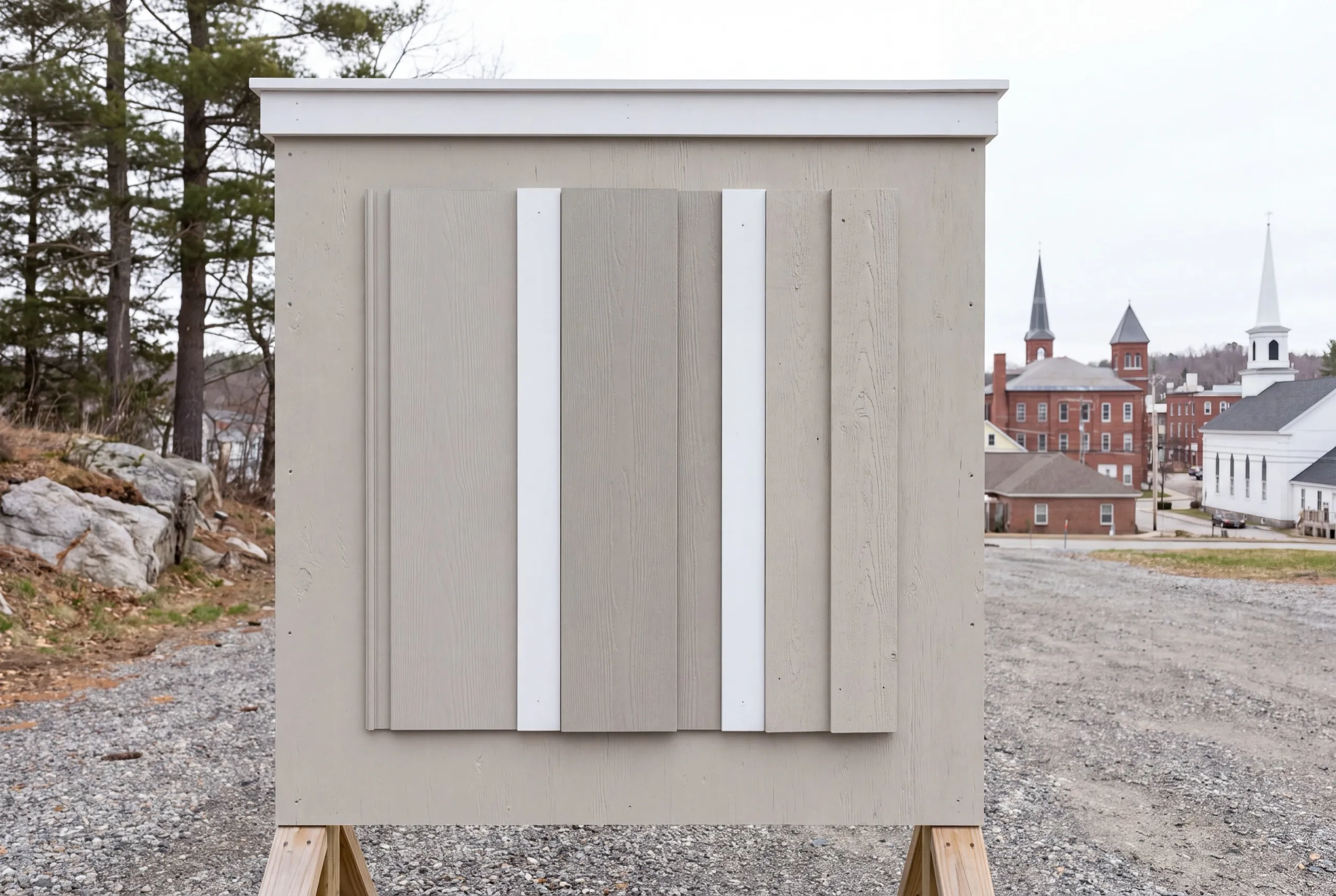 Siding installer Gardiner Maine: sample wall with vertical gray siding panels and white strips above a village