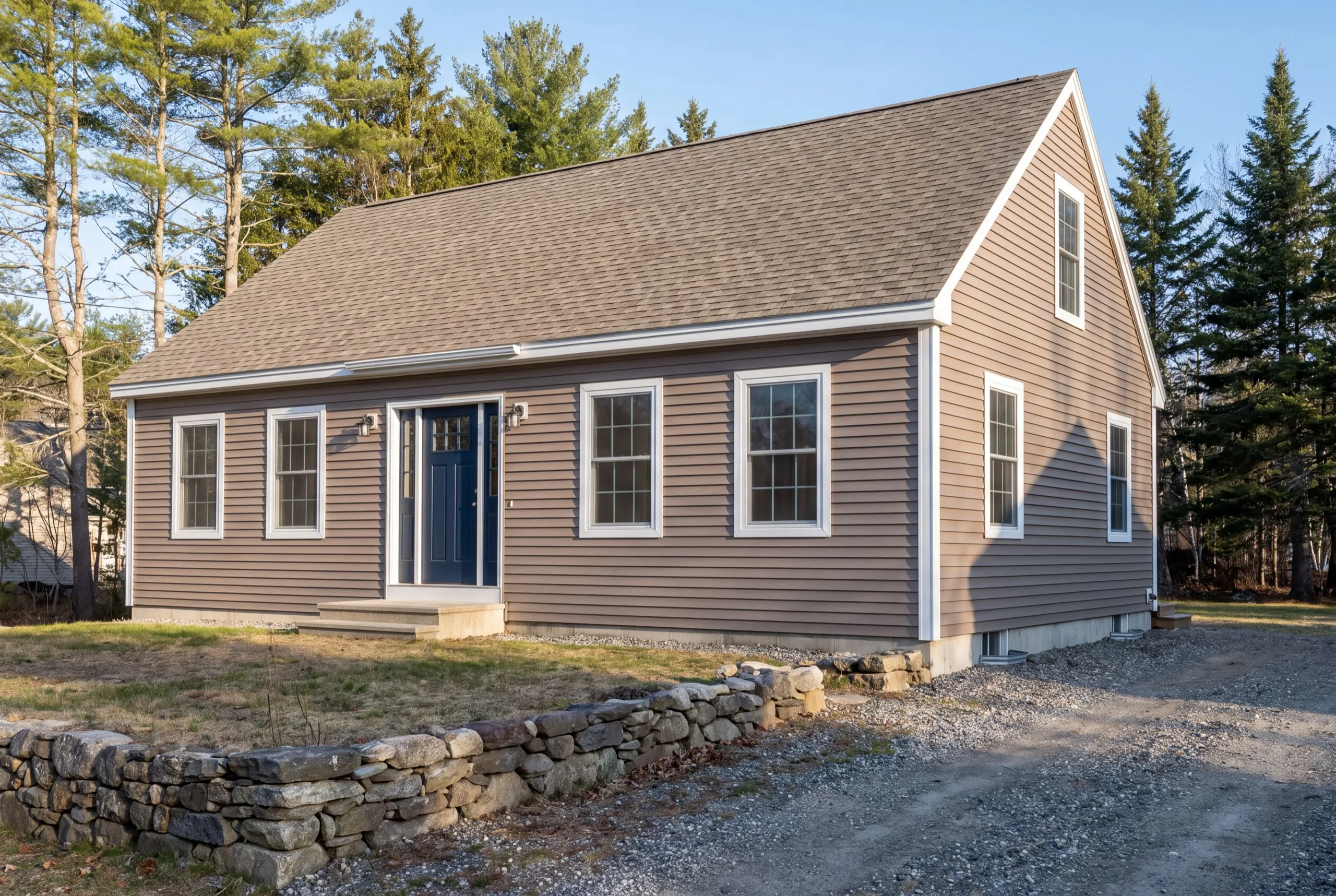 Vinyl siding contractor Gardiner Maine: finished taupe cape with vinyl siding, a navy door and a stone wall