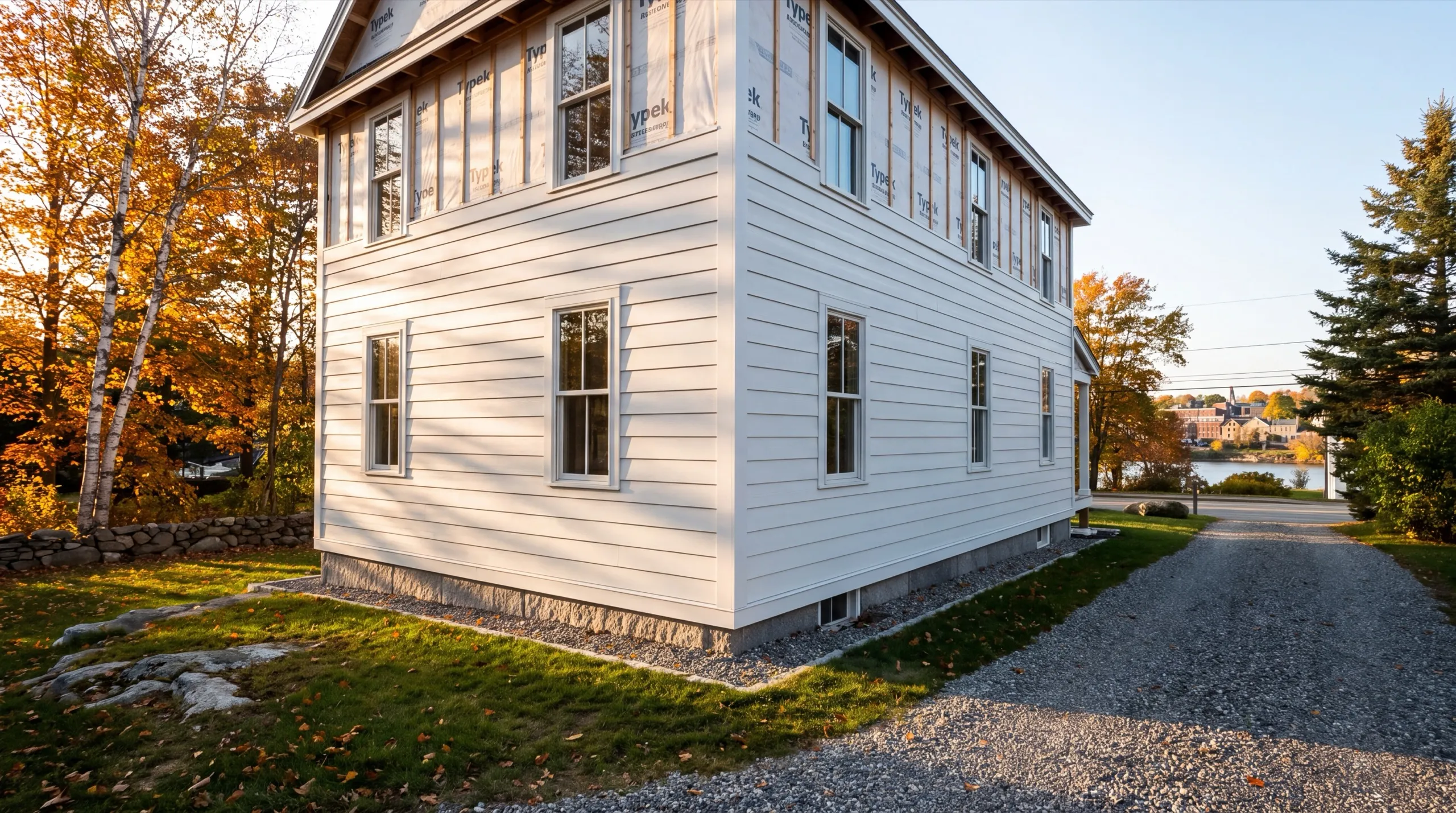 Siding contractor Hallowell Maine: white lap siding on the first floor, upper story still in house wrap