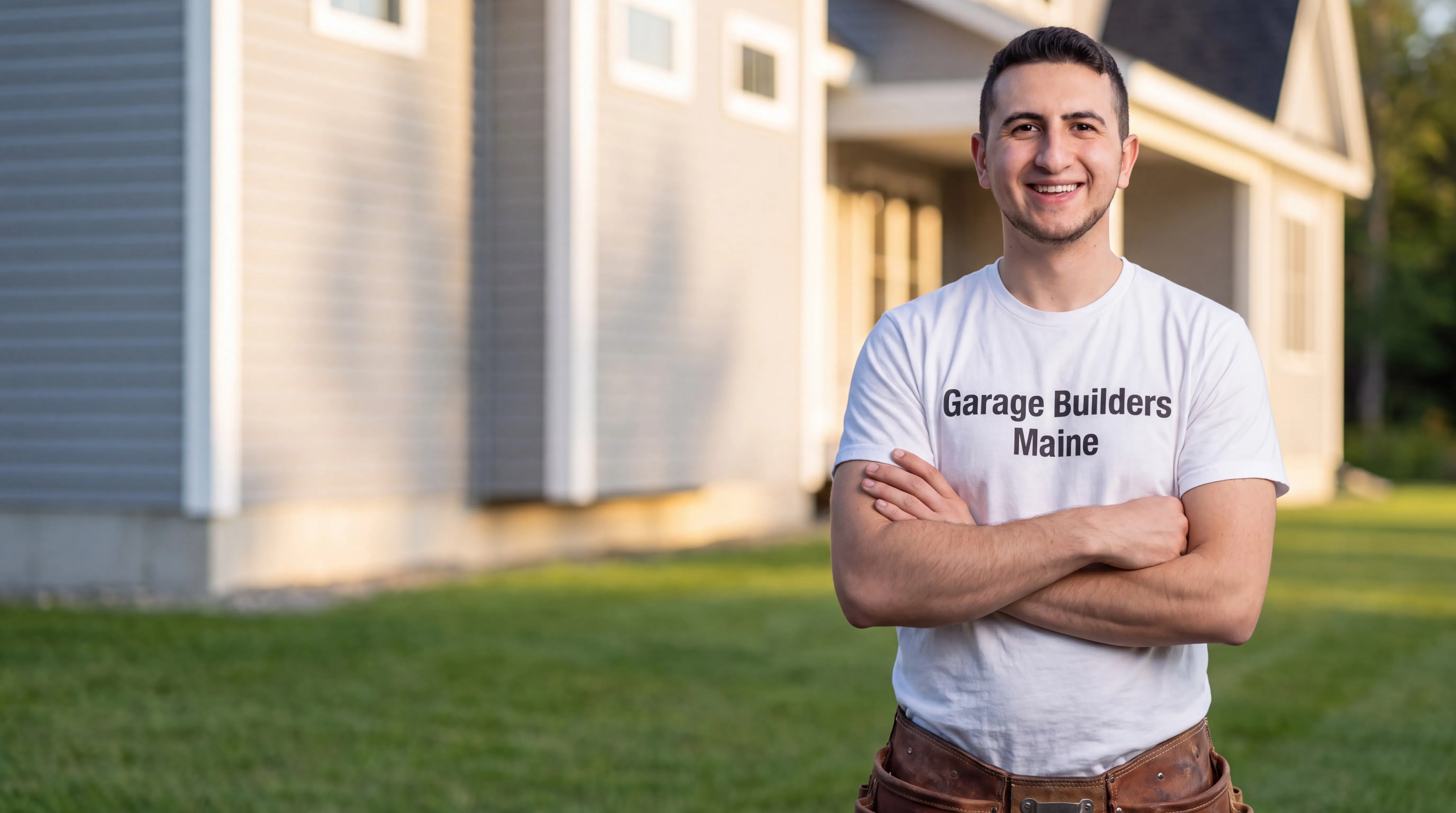 Owner of Garage Builders Maine standing with his arms crossed and smiling at a Maine job site