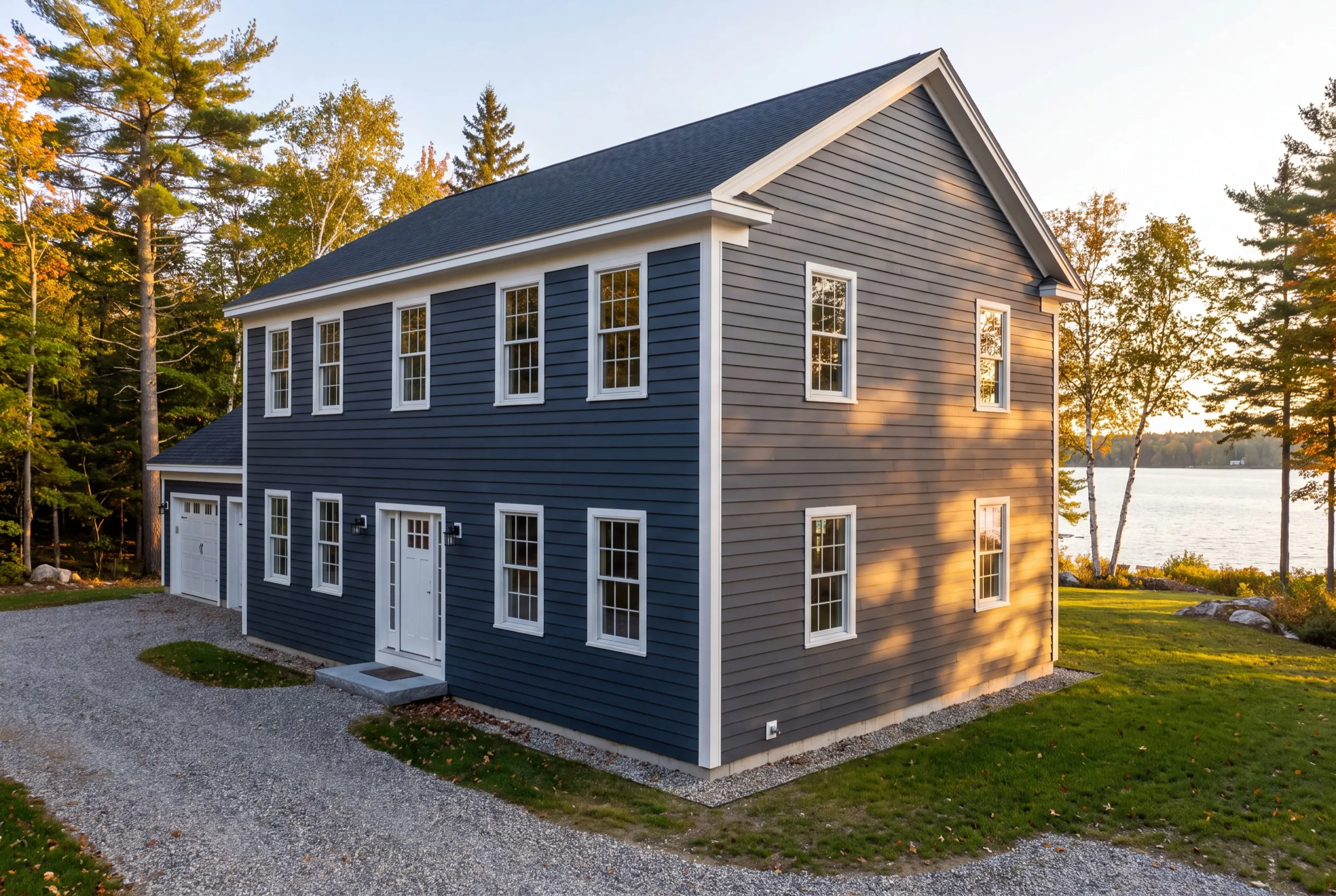 Siding contractor Jefferson Maine: finished navy two-story colonial with lap siding and white trim by a lake